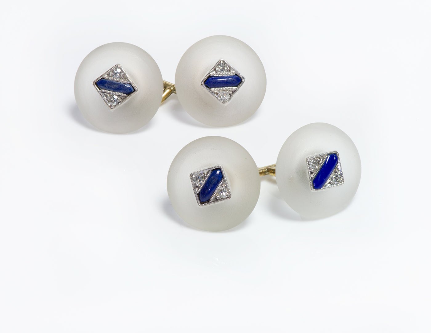 Art Deco Gold Frosted Crystal Lapis & Diamond Cufflinks