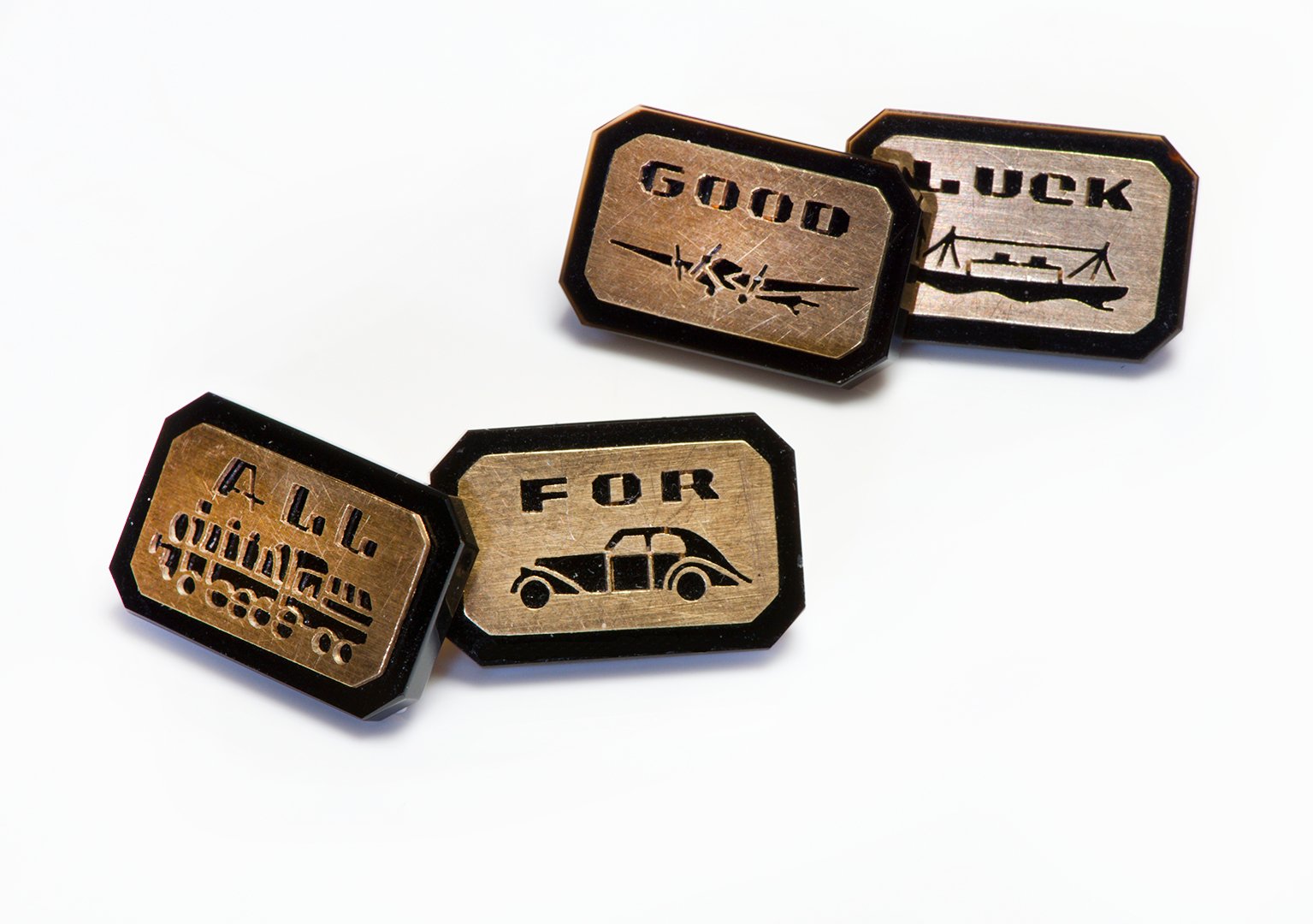 Art Deco Gold Onyx Cufflinks "All For Good Luck"