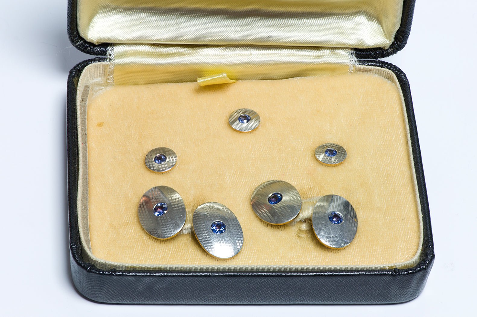 Art Deco Gold & Platinum Sapphire Oval Cufflink & Stud Set