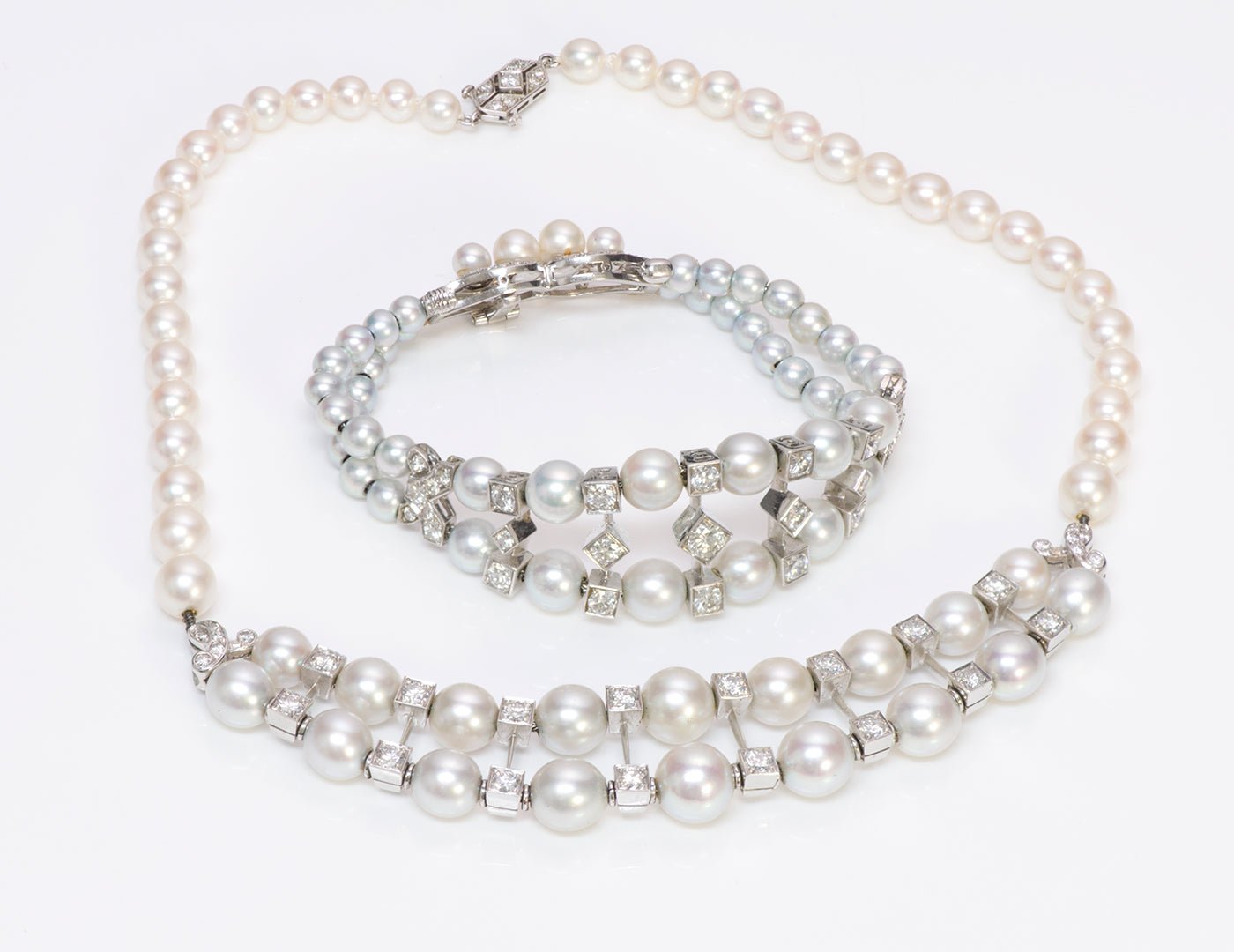Art Deco Pearl Diamond Platinum Necklace Bracelet