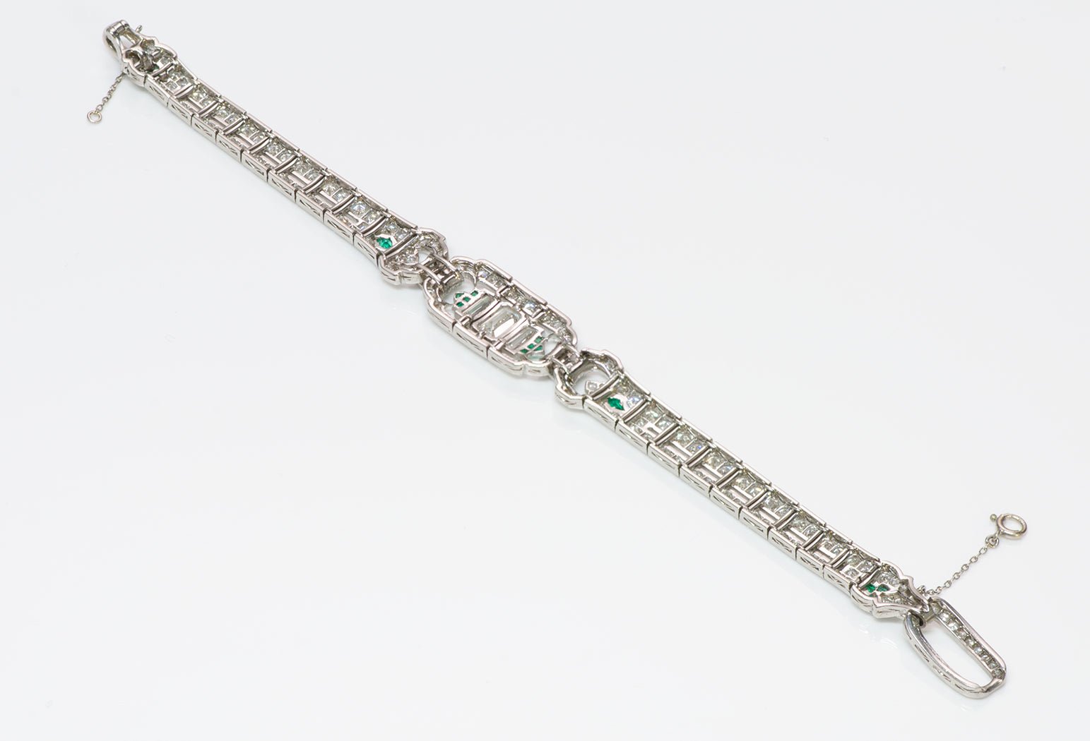 Art Deco Platinum Emerald Cut Brilliant Cut Baguette Diamond & Emerald Bracelet