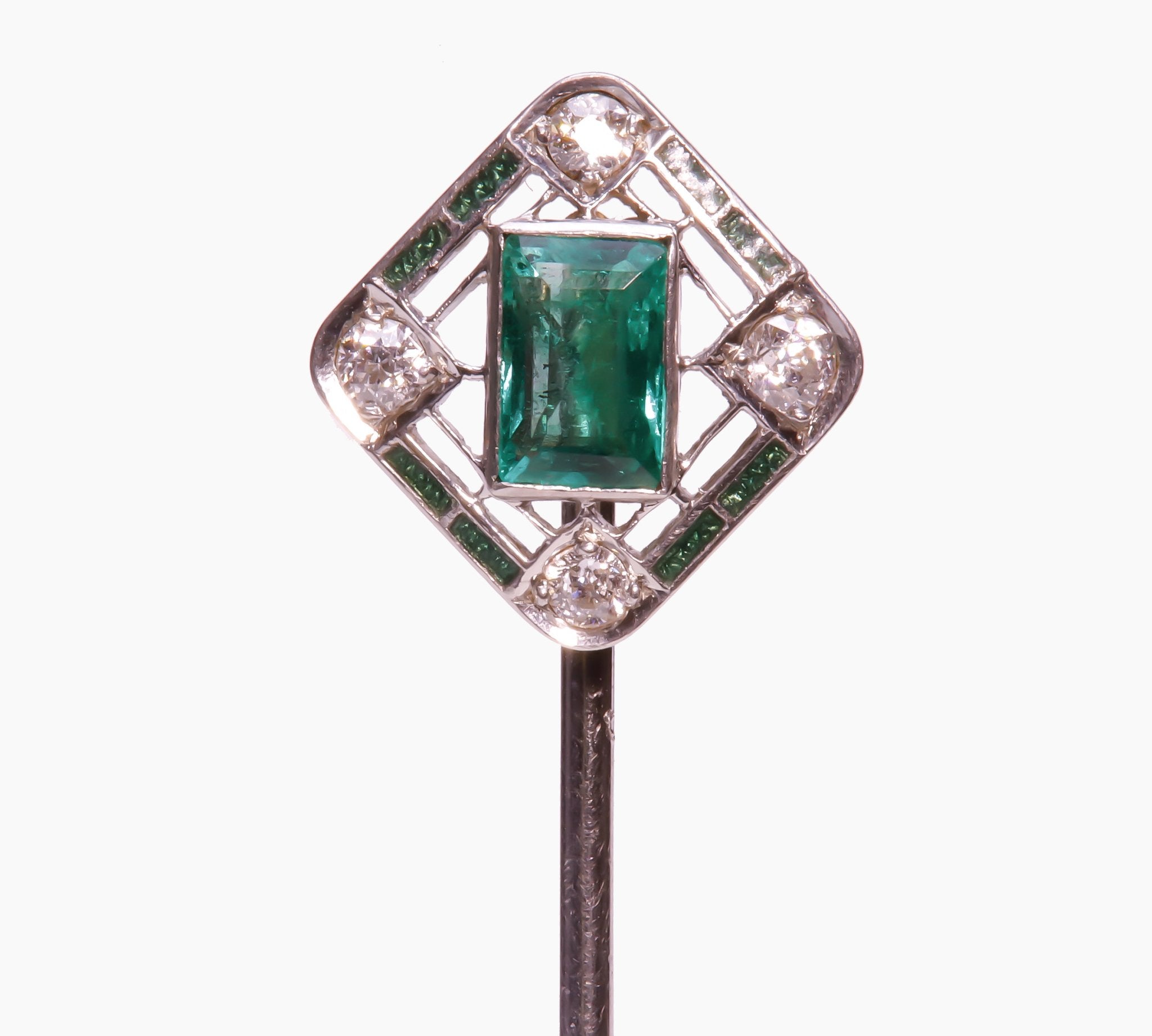 Art Deco Platinum Emerald Diamond Enamel Stick Pin
