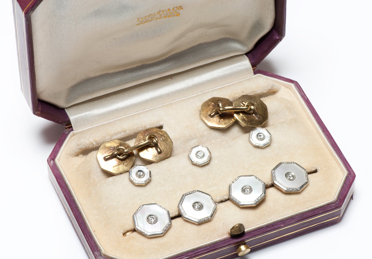 Art Deco Platinum Gold Mother Pearl Diamond Cufflink Full Dress Set in Tiffany Co. Box