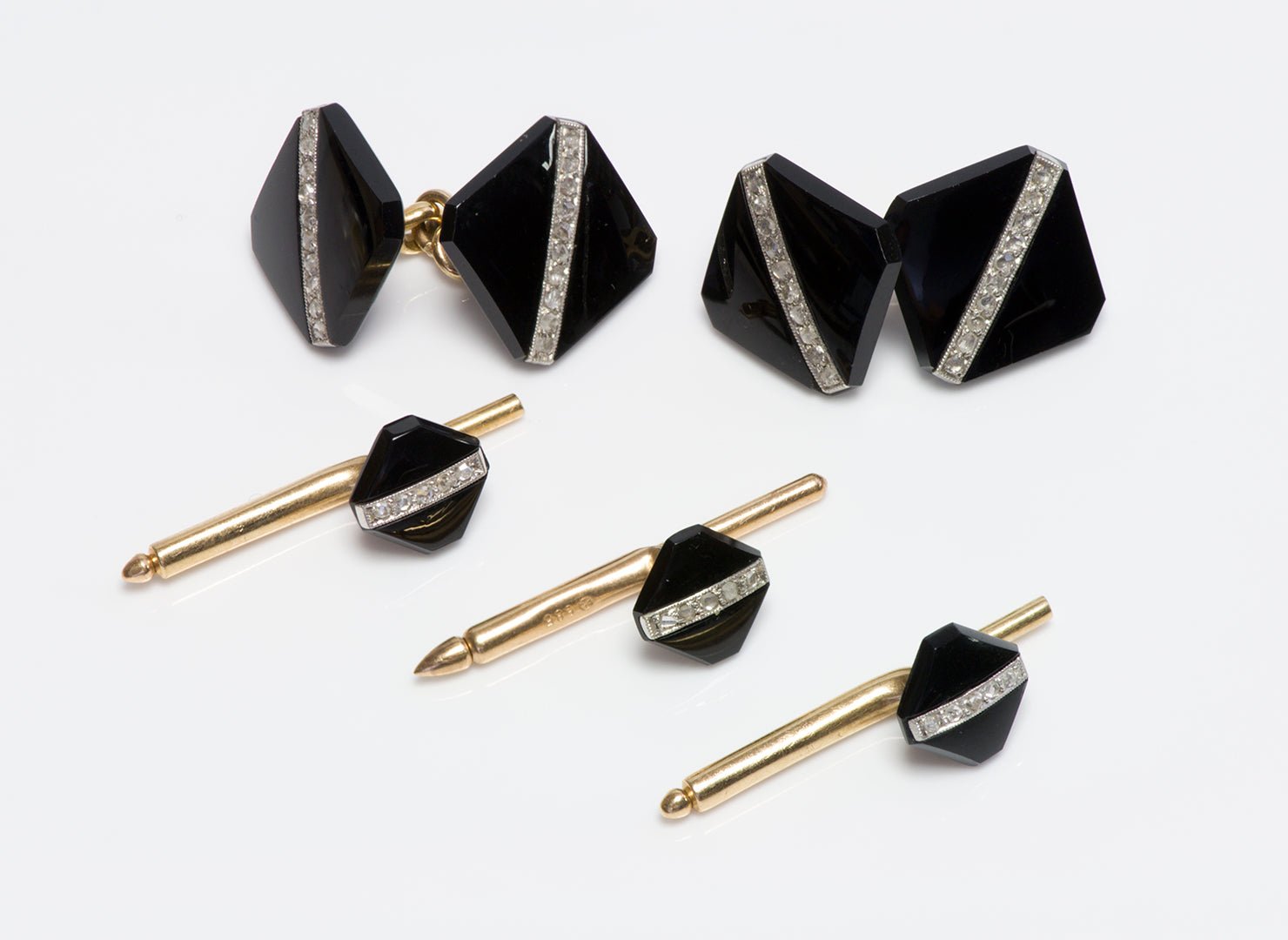 Art Deco Platinum & Gold Onyx & Diamond Cufflink & Stud Set
