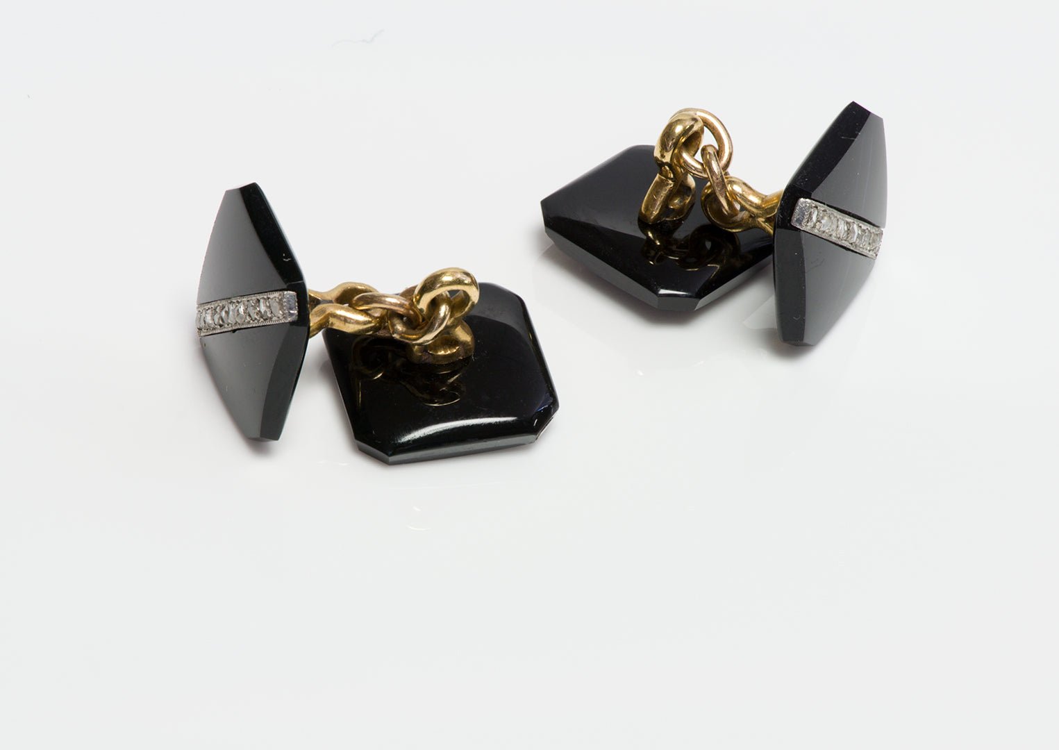 Art Deco Platinum & Gold Onyx & Diamond Cufflink & Stud Set