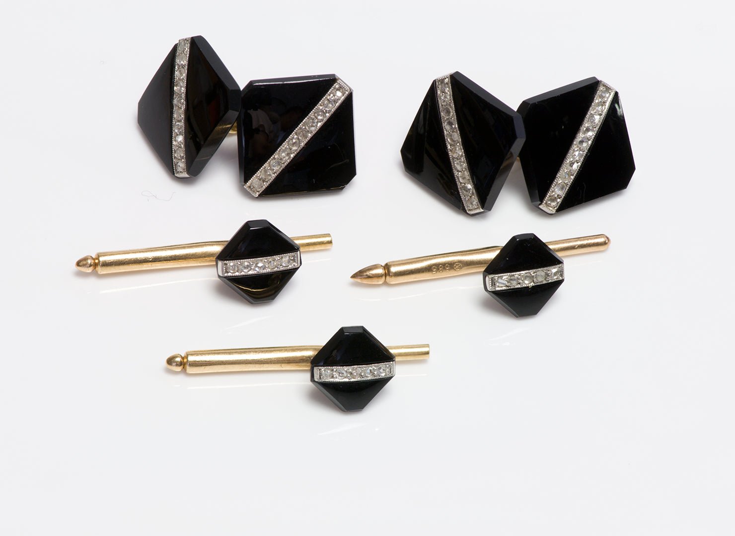 Art Deco Platinum & Gold Onyx & Diamond Cufflink & Stud Set