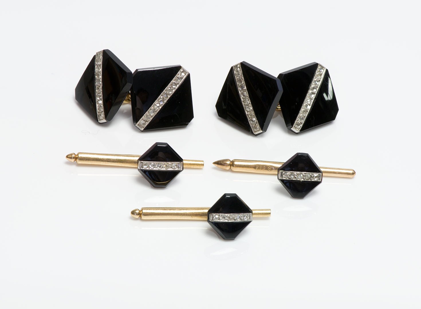 Art Deco Platinum & Gold Onyx & Diamond Cufflink & Stud Set