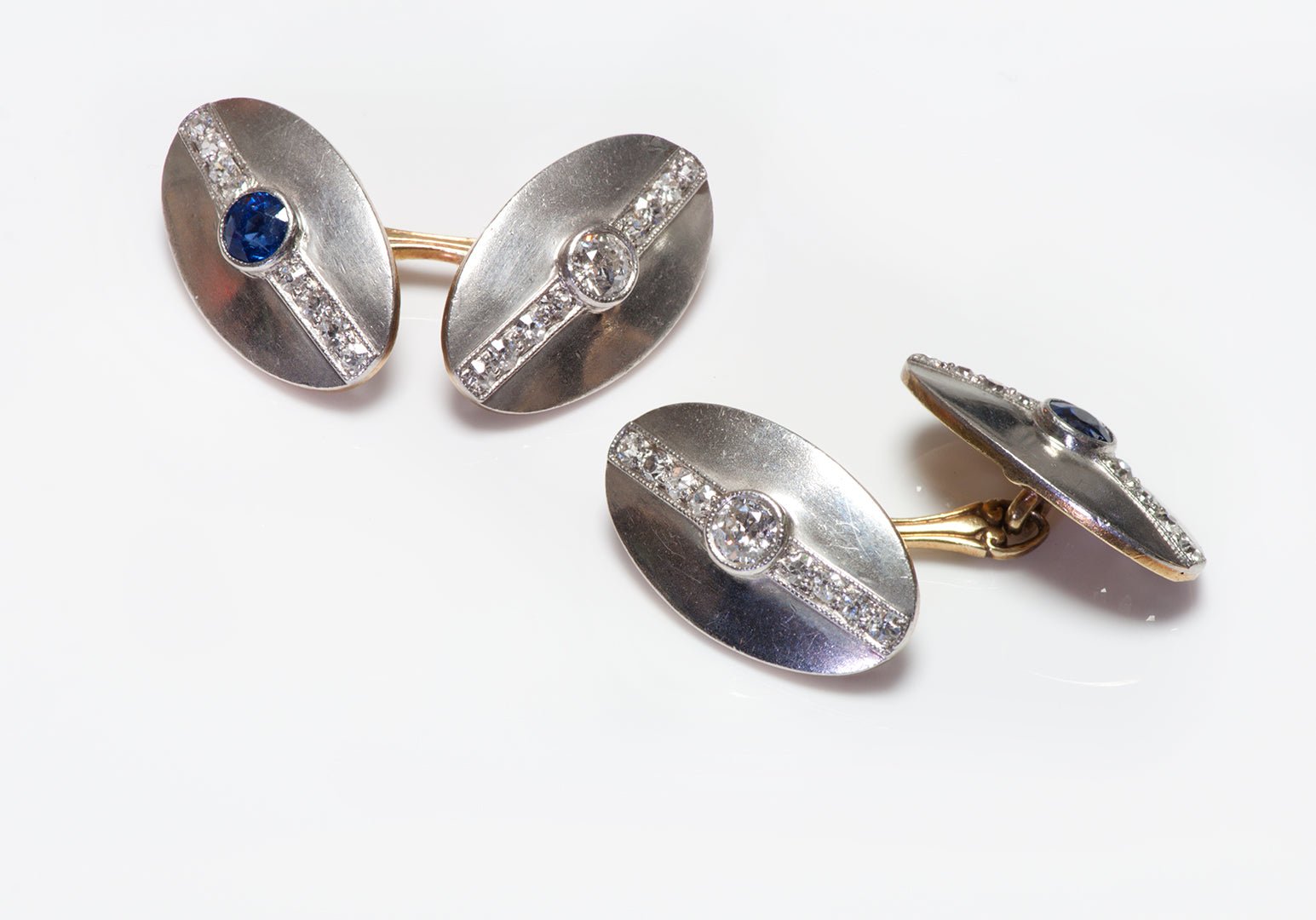 Art Deco Platinum & Gold Sapphire & Diamond Oval Cufflinks
