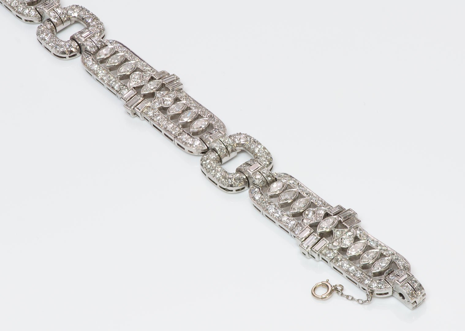 Art Deco Platinum Marquise Baguette Brilliant Cut Diamond Bracelet