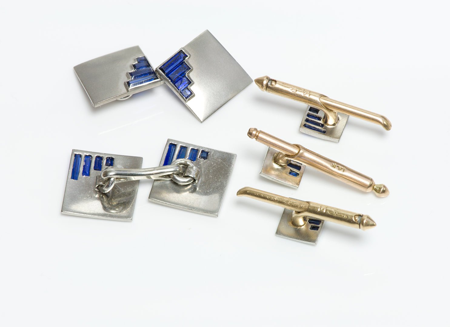 Art Deco Platinum Sapphire Square Cufflink & Stud Set