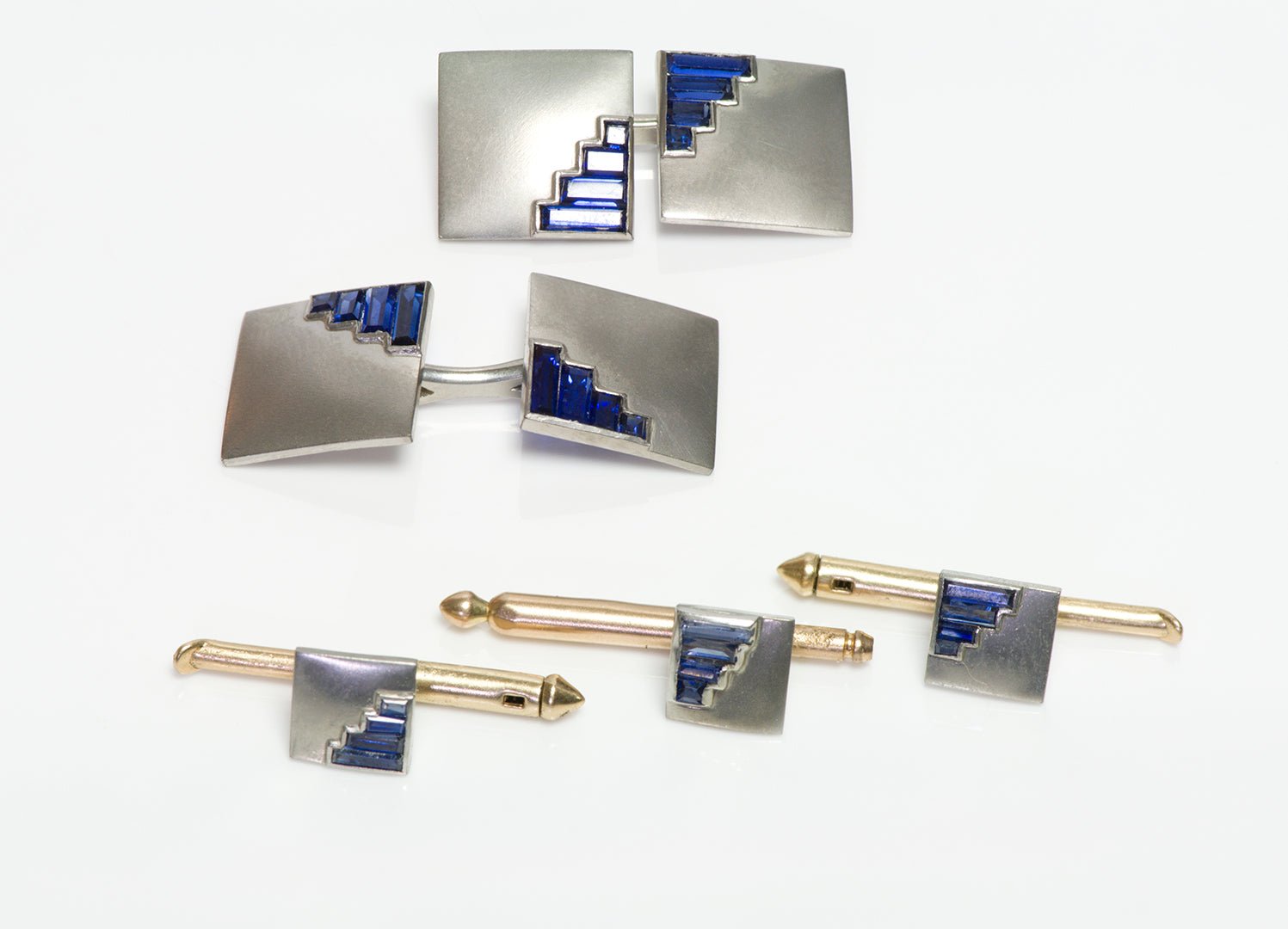 Art Deco Platinum Sapphire Square Cufflink & Stud Set