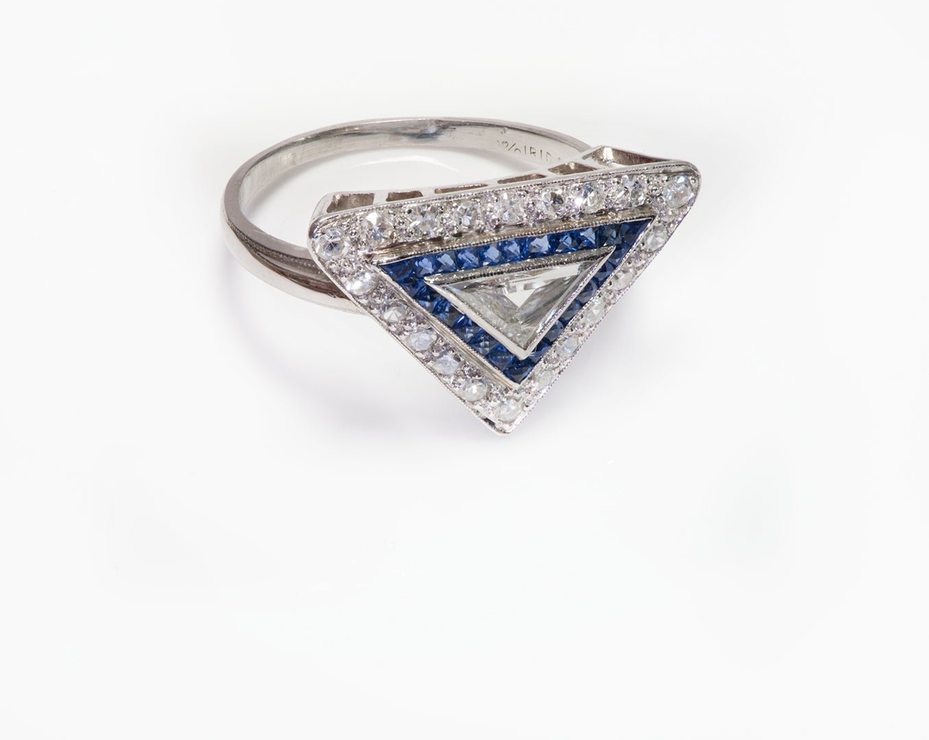 Art Deco Platinum Triangle Shape Diamond Sapphire Ring