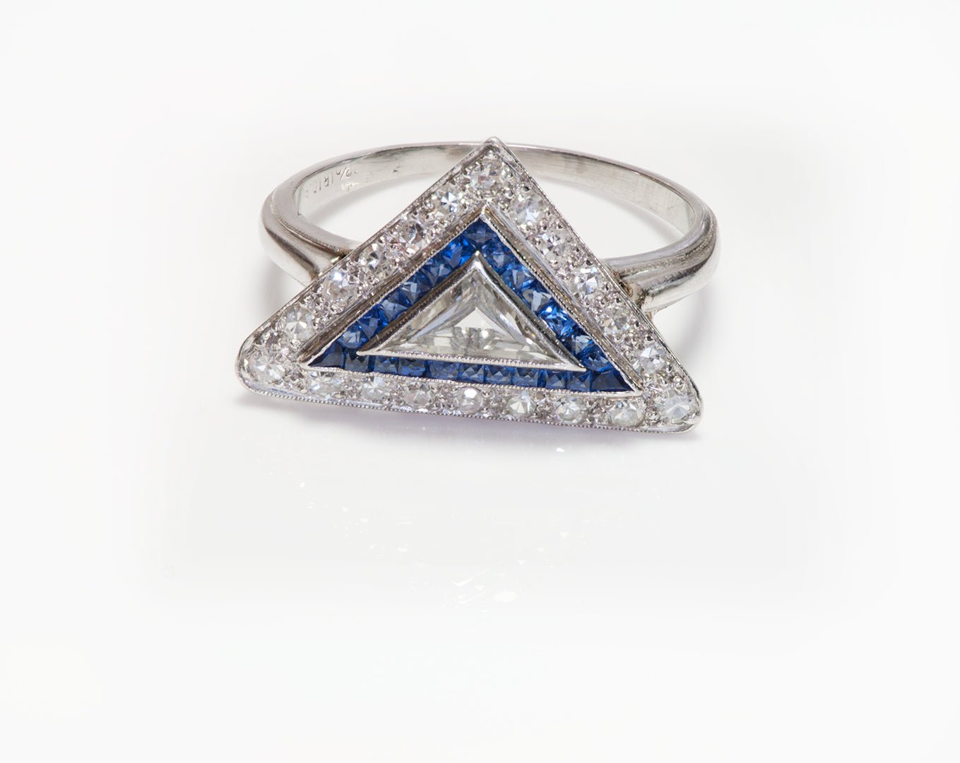 Art Deco Platinum Triangle Shape Diamond Sapphire Ring
