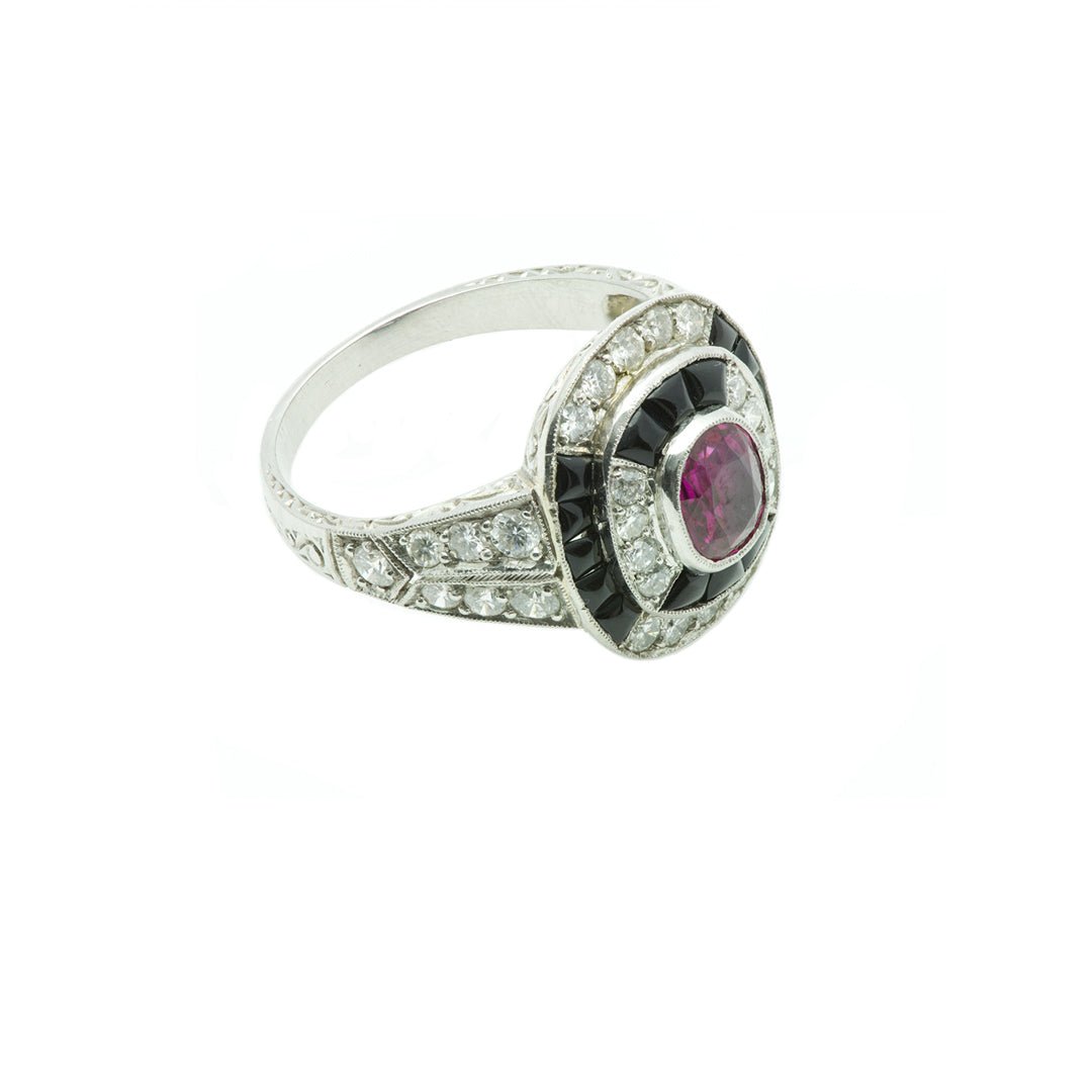 Art Deco Ruby Diamond Onyx Gold Ring