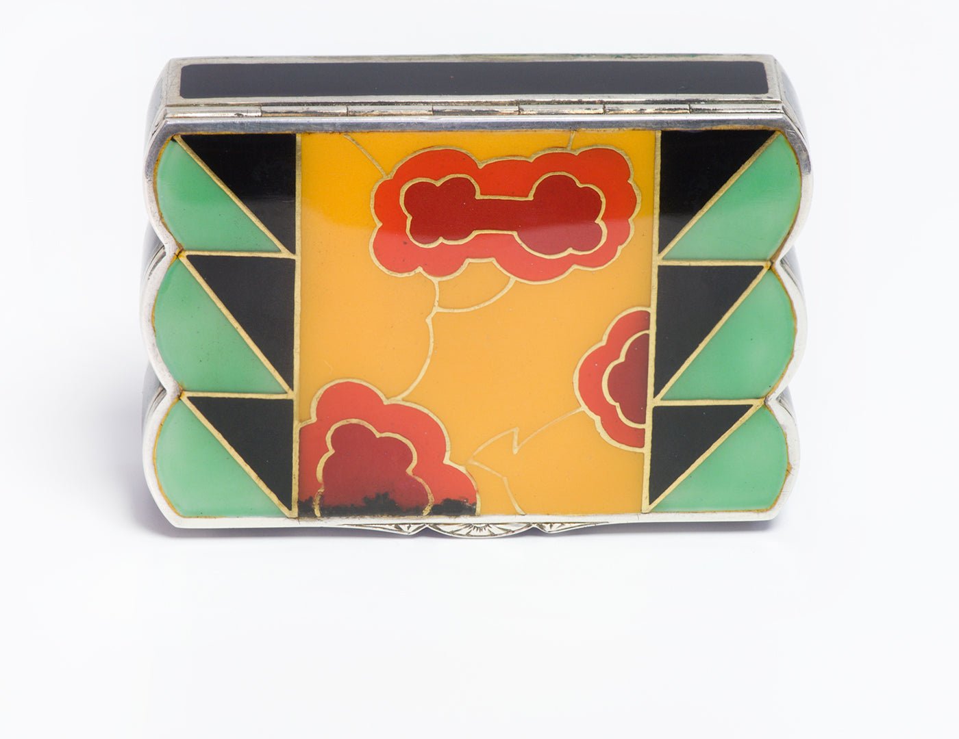 Art Deco Silver & Gold Multi Color Enamel Lipstick & Powder Vanity Case