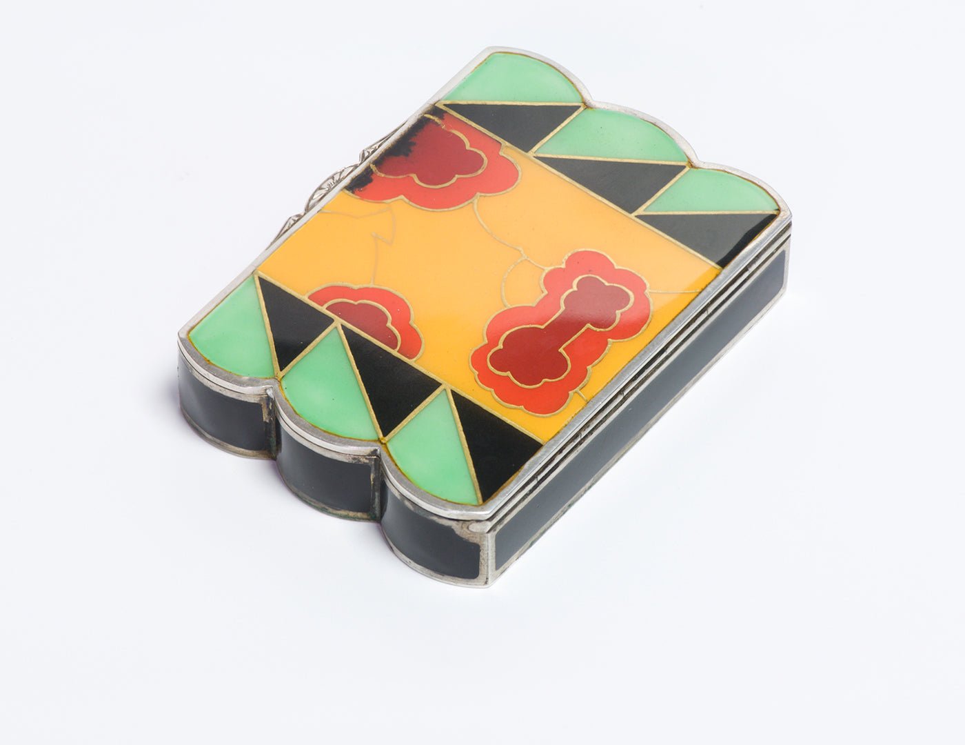 Art Deco Silver & Gold Multi Color Enamel Lipstick & Powder Vanity Case