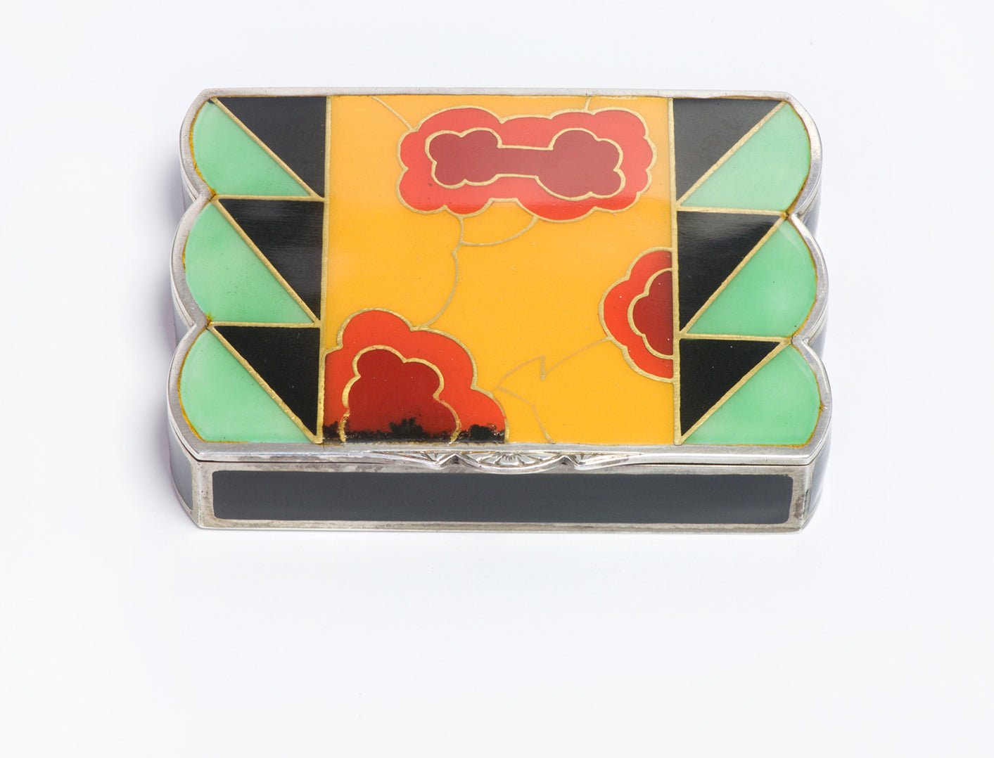 Art Deco Silver & Gold Multi Color Enamel Lipstick & Powder Vanity Case