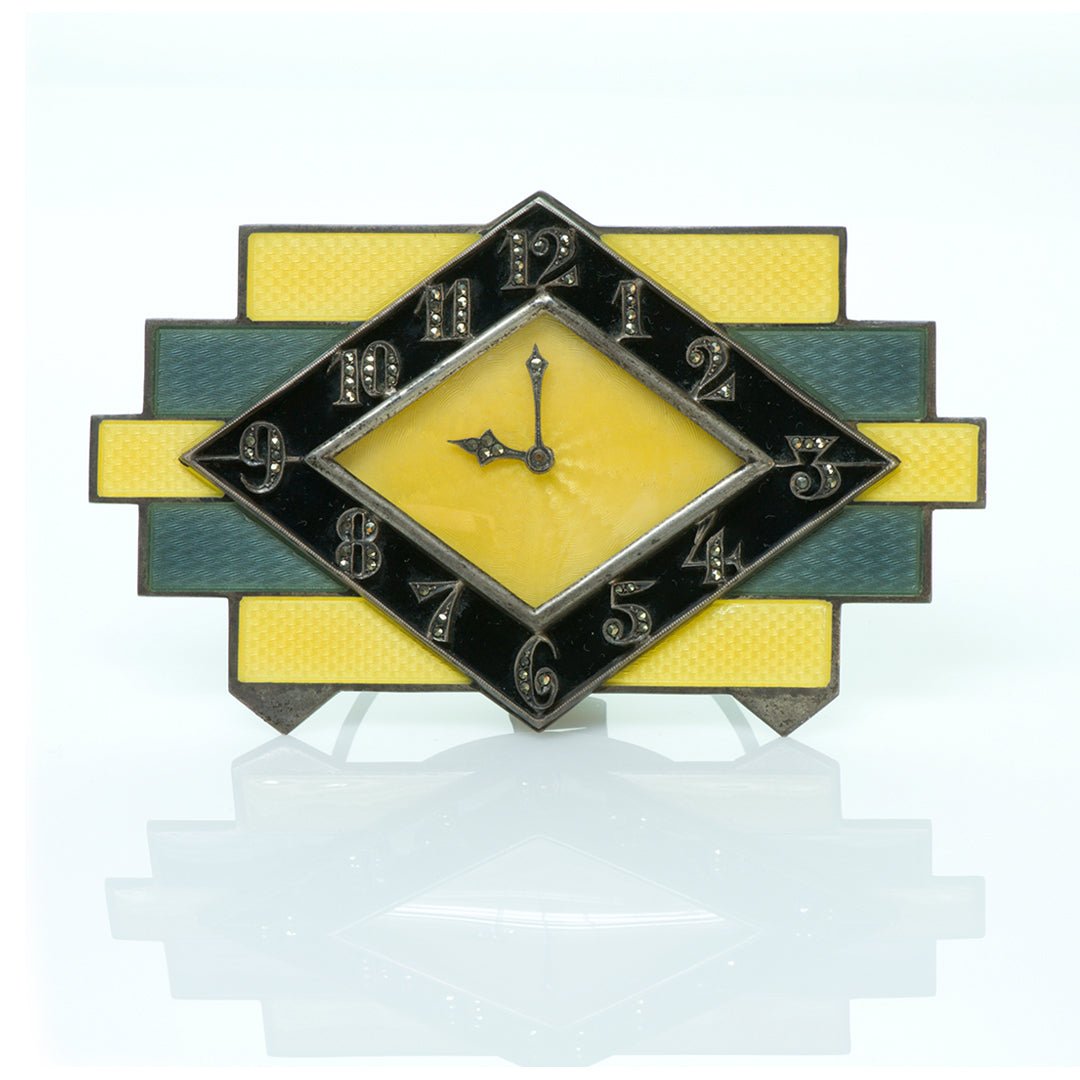 Art Deco Silver Marcasite Enamel Clock