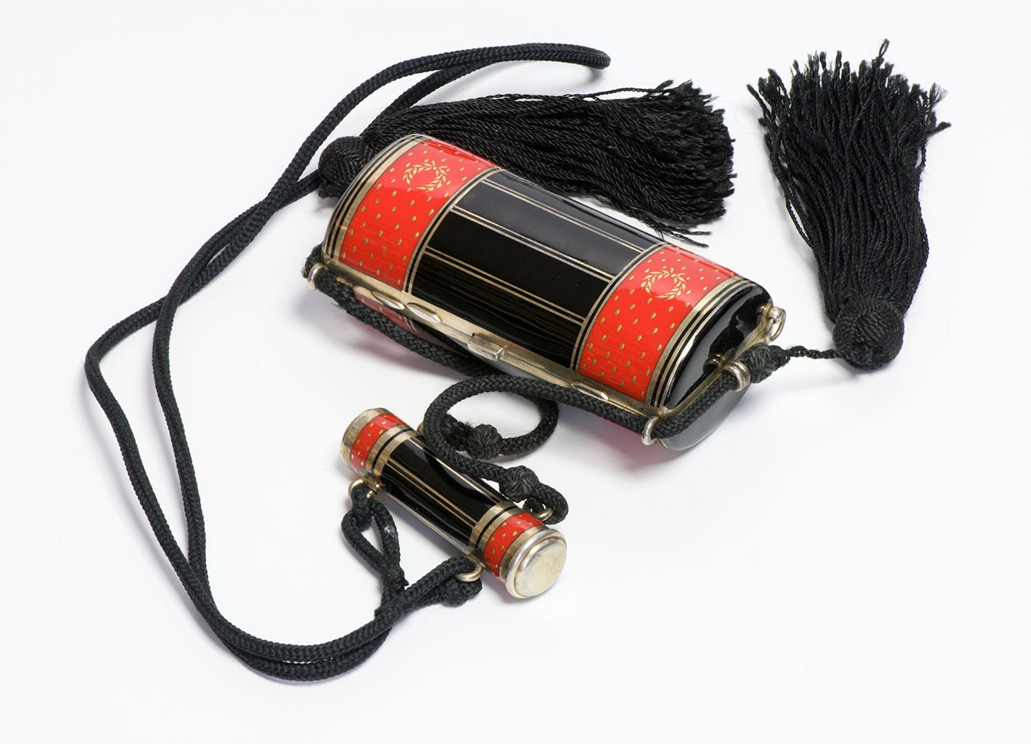 Art Deco Silver Red & Black Enamel Minaudiere with Lipstick & Tassels