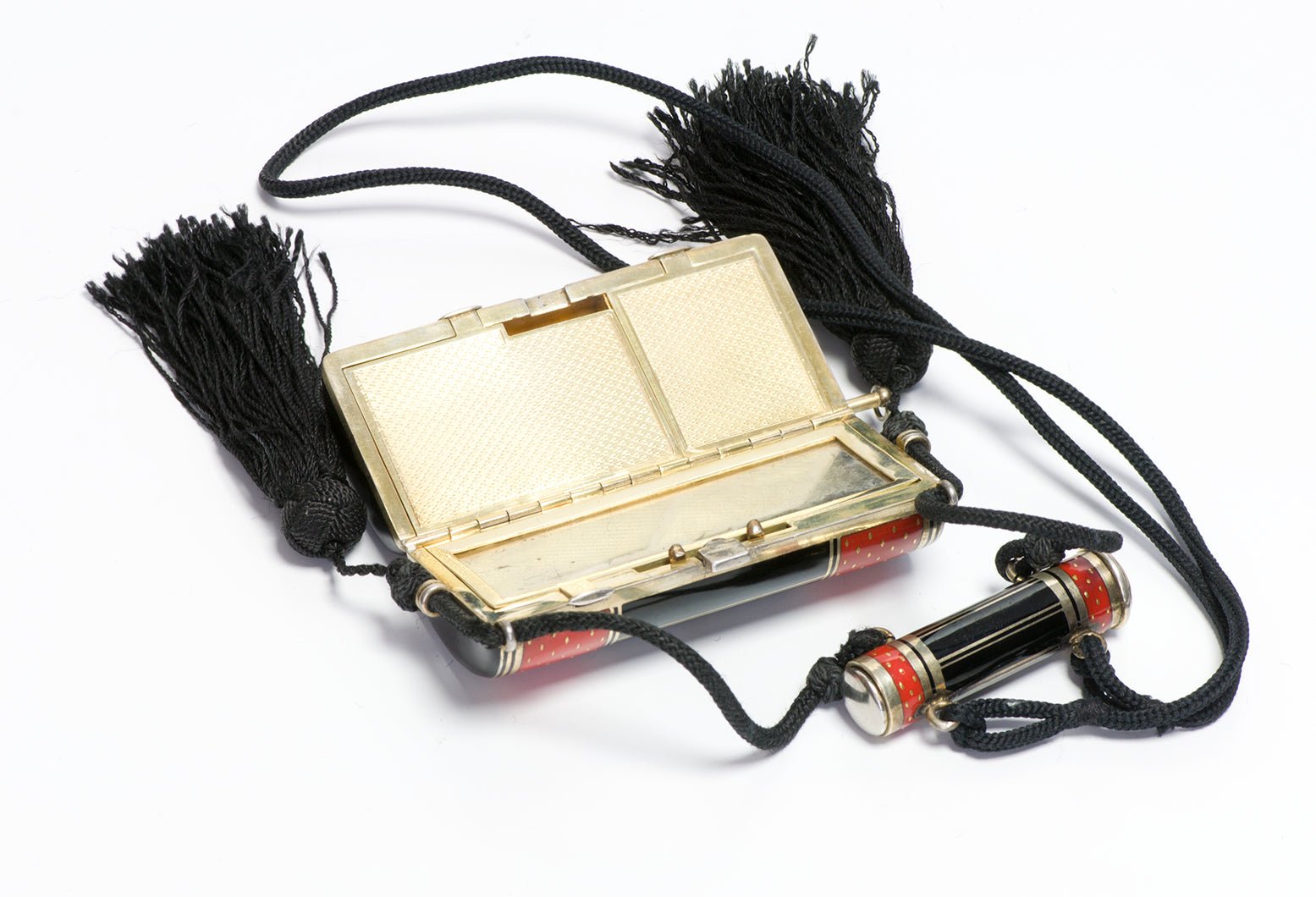 Art Deco Silver Red & Black Enamel Minaudiere with Lipstick & Tassels