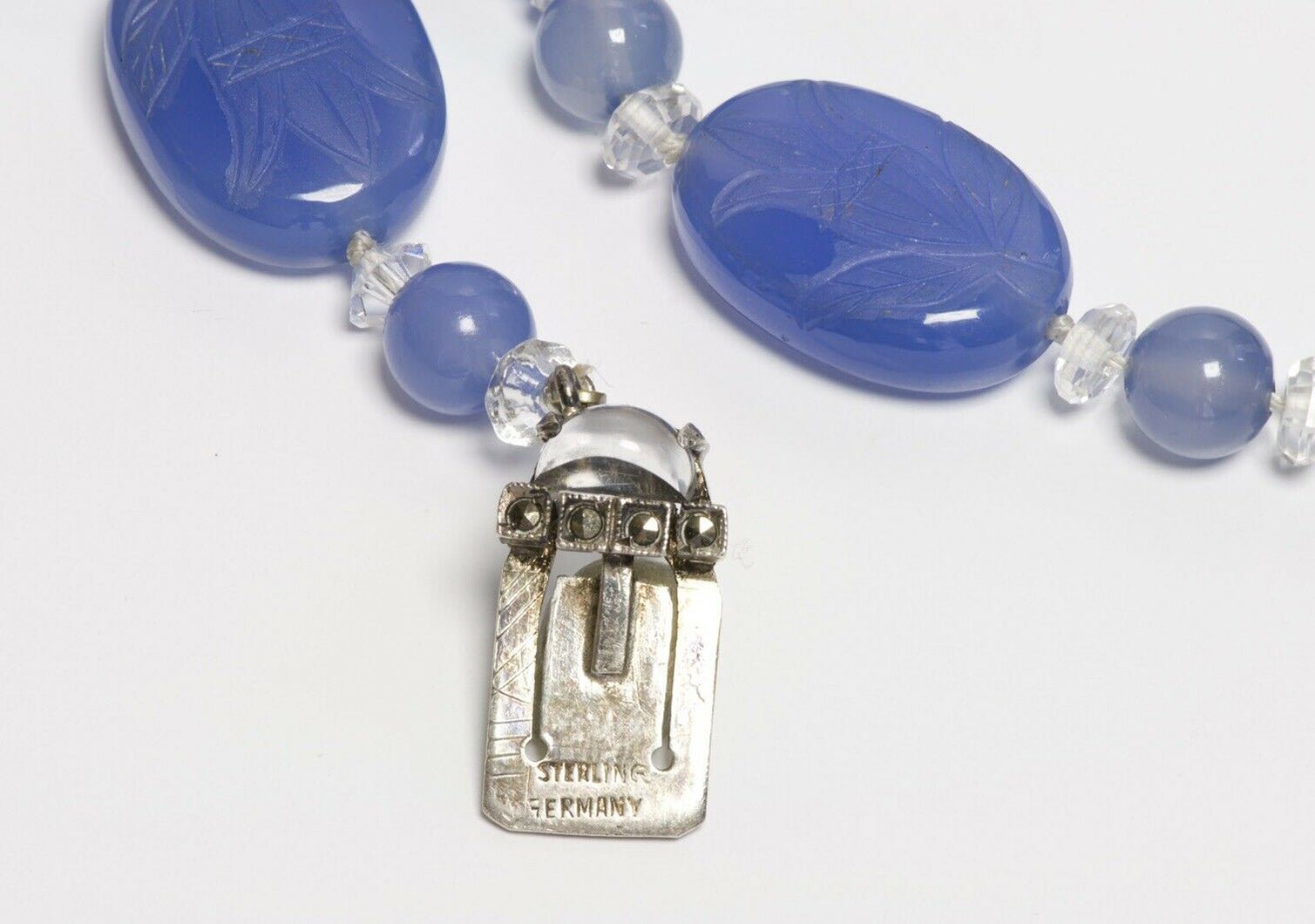 Art Deco Sterling Chalcedony Carved Papyrus Flower Beads Necklace