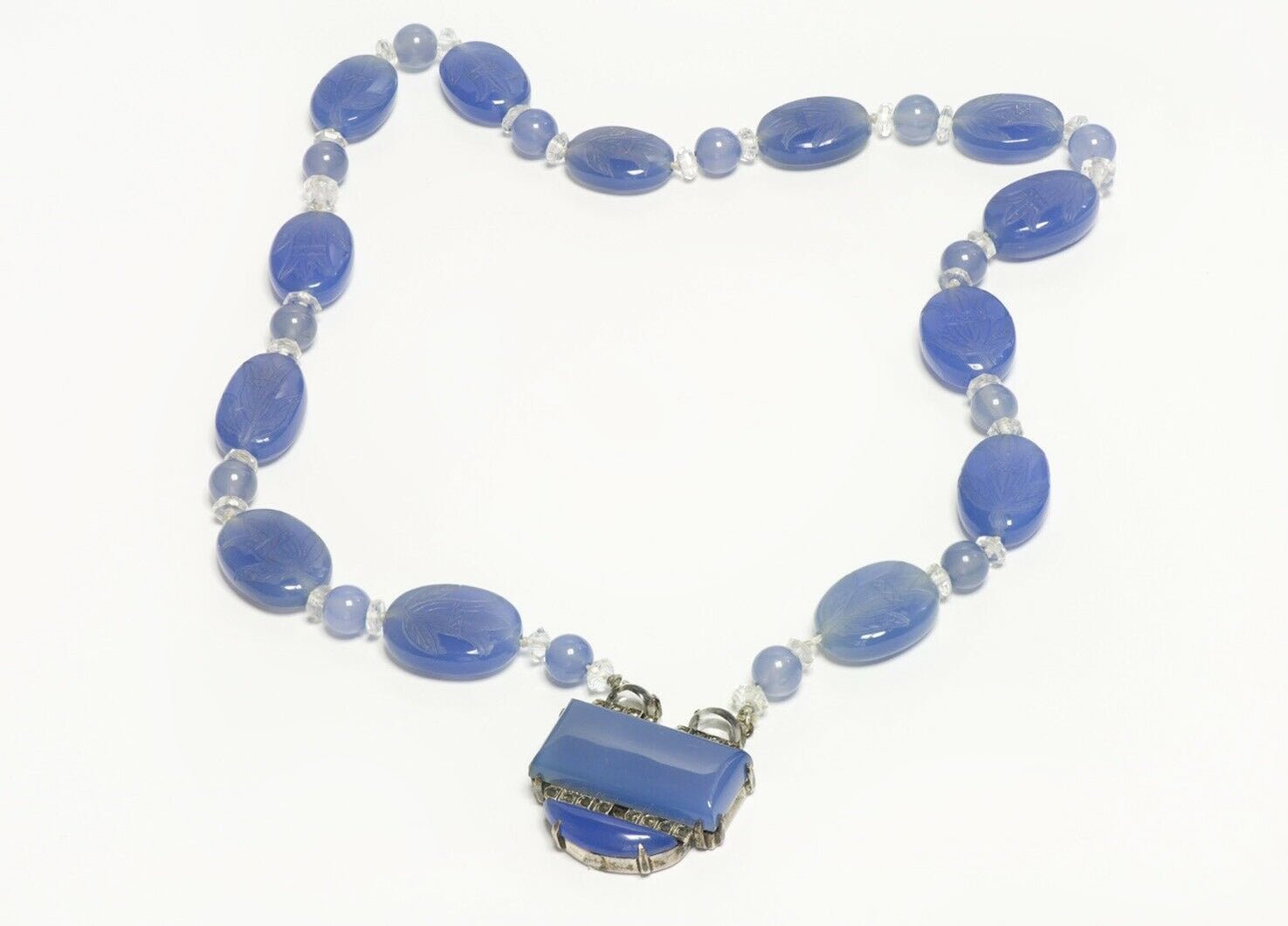 Art Deco Sterling Chalcedony Carved Papyrus Flower Beads Necklace
