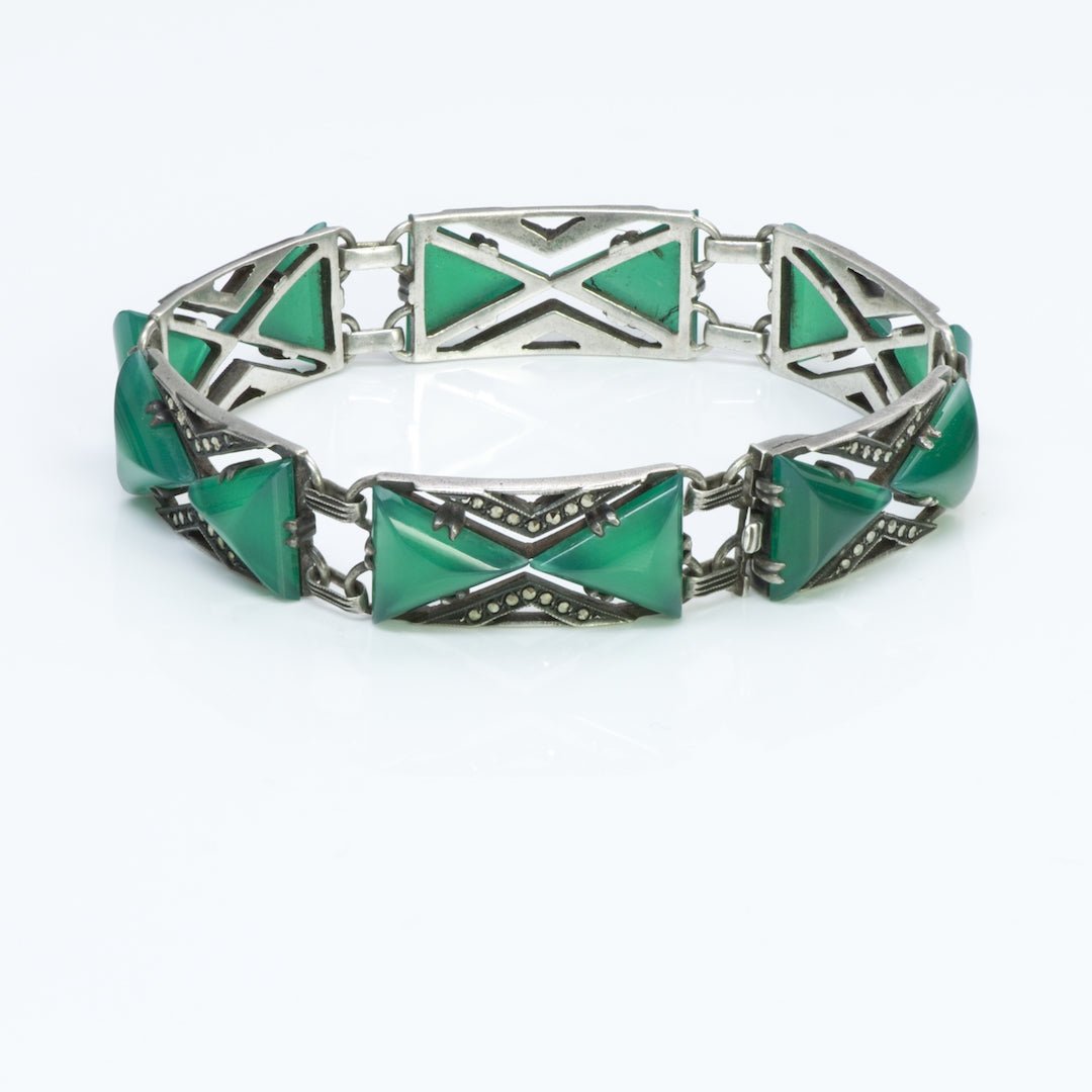 Art Deco Onyx Marcasite Malachite purchases Sterling Silver Bracelet