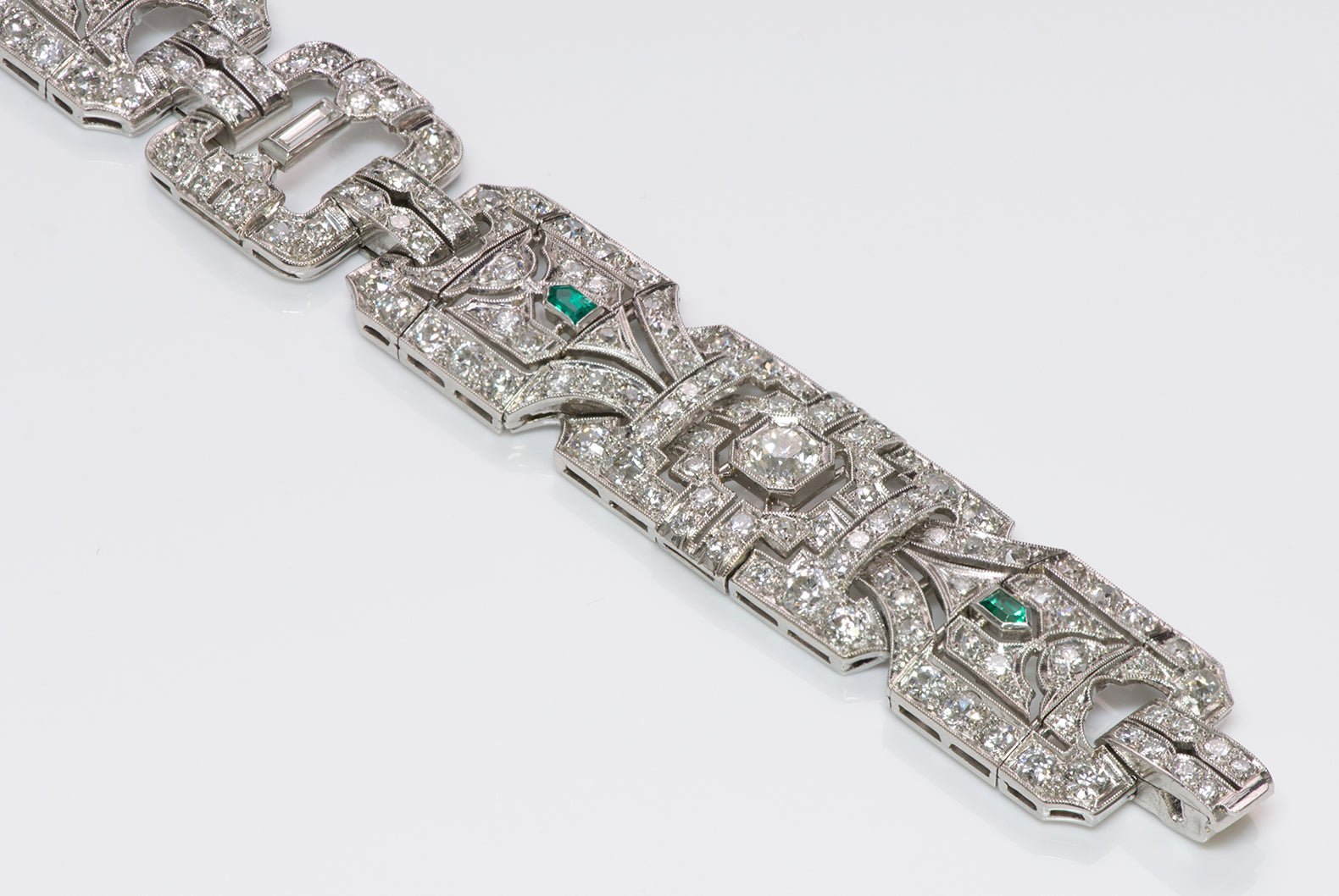 Art Deco Wide Platinum Brilliant Cut Baguette Diamond & Emerald Bracelet