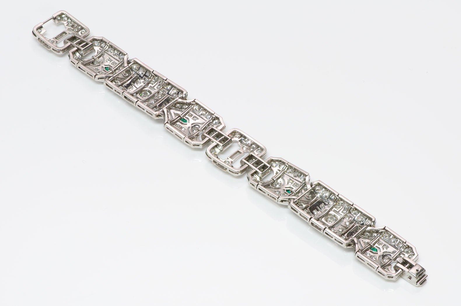Art Deco Wide Platinum Brilliant Cut Baguette Diamond & Emerald Bracelet