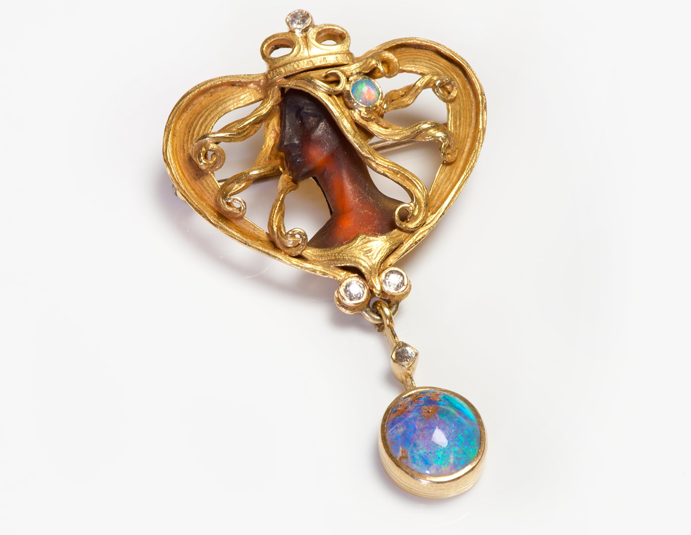 Art Nouveau 18K Gold Carved Carnelian Opal Diamond Lady Brooch