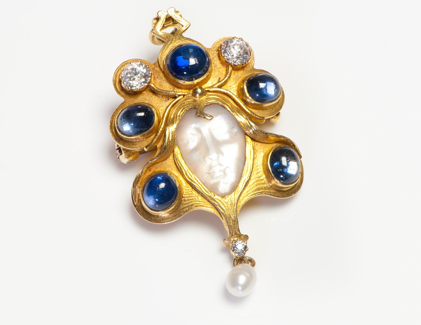 Art Nouveau 18K Gold Carved Moonstone Sapphire Diamond Pearl Pendant Brooch