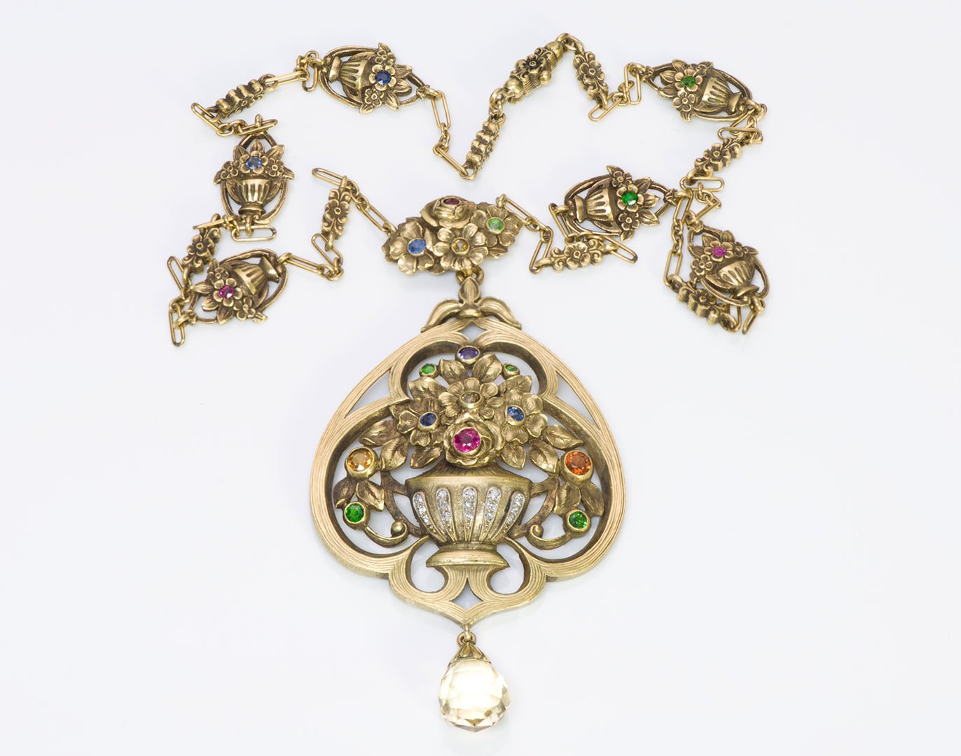 Art Nouveau 18K Gold Sapphire Gemstone Briolette Necklace Pendant  Walter Lawrence/Gustav Manz