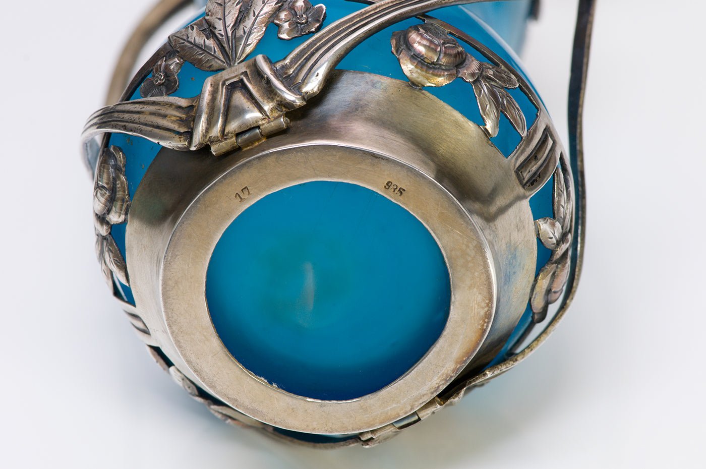 Art Nouveau 935 Sterling Silver Blue Glass Vase