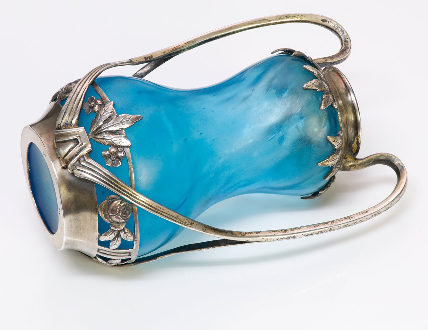 Art Nouveau 935 Sterling Silver Blue Glass Vase