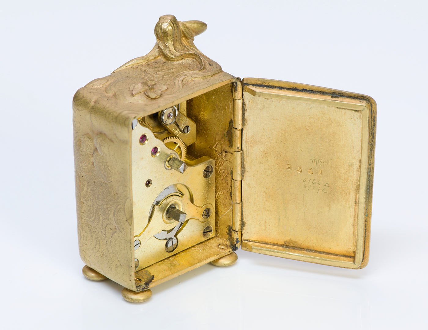 Art Nouveau Bronze Desk Clock & Fitted Box