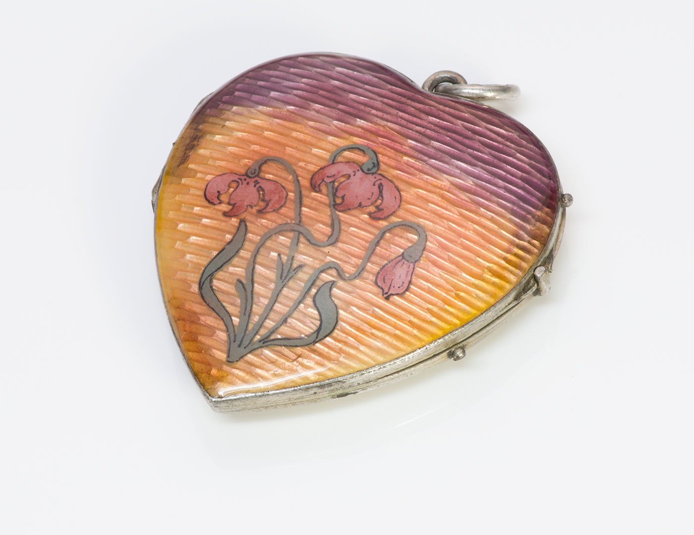 Art Nouveau Enamel Silver Heart Flower Pendant Locket