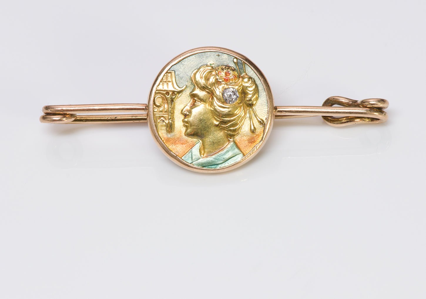 Art Nouveau Geisha Gold Enamel Diamond Bar Pin