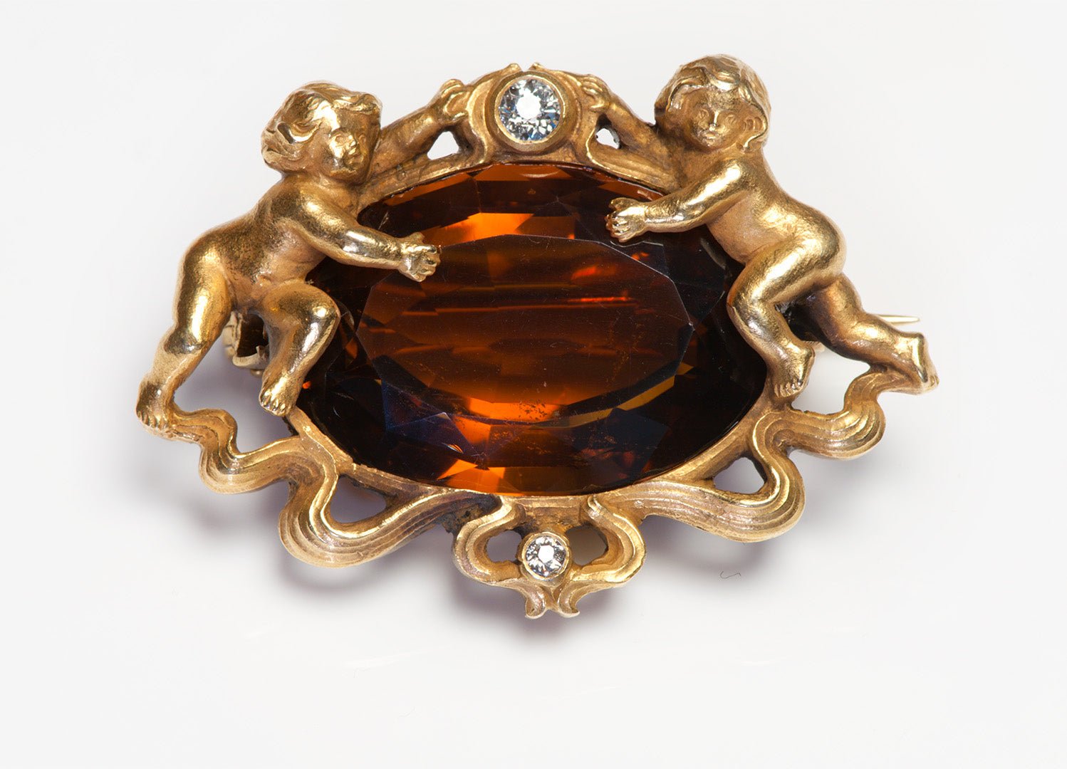 Art Nouveau Gold Citrine Diamond Cherub Brooch