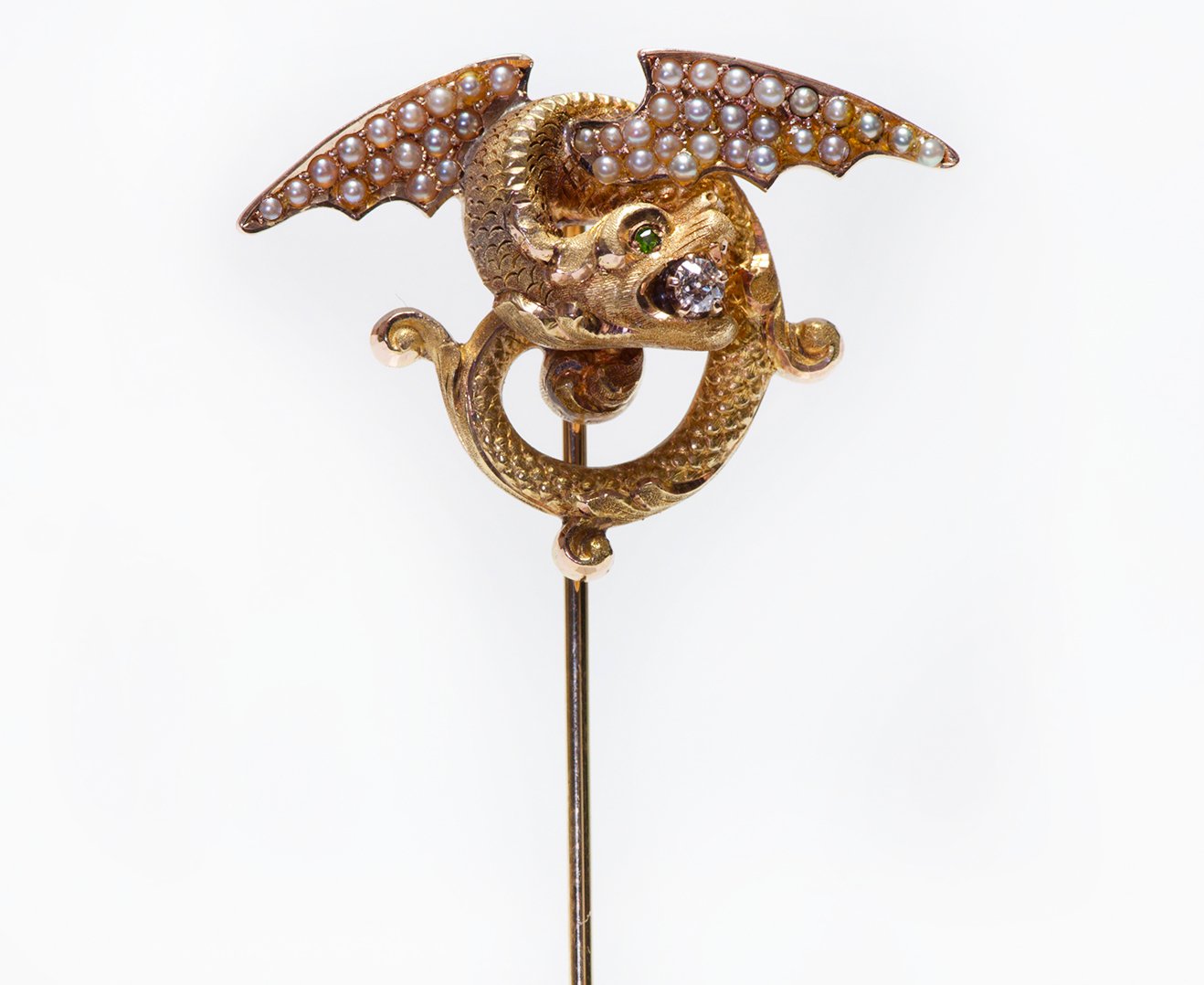 Art Nouveau Gold Diamond Pearl & Demantoid Griffin Stick Pin