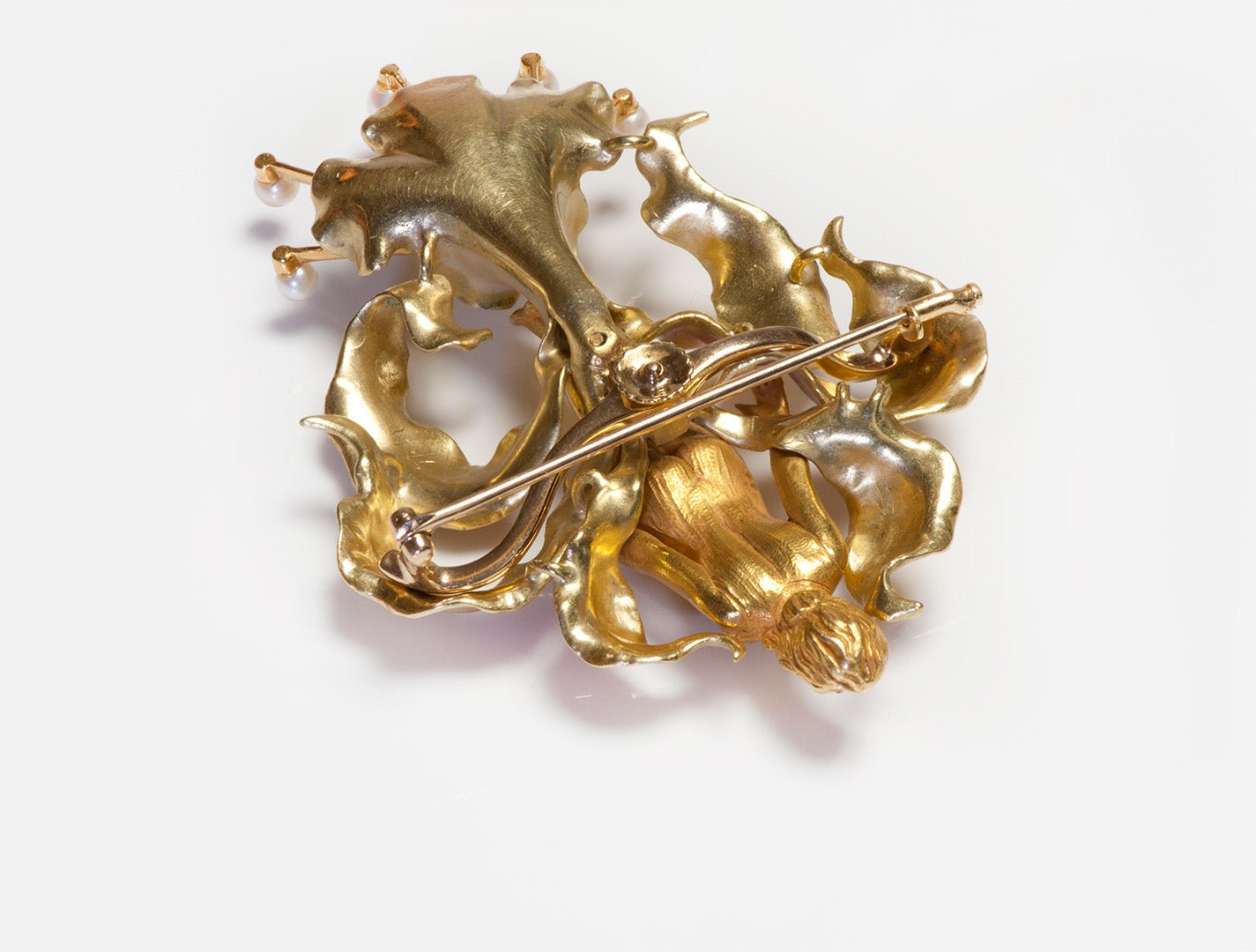 Art Nouveau Gold Figural Enamel Diamond Pearl Brooch