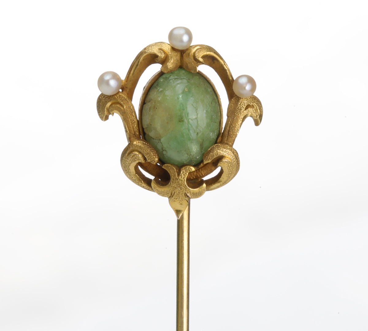 Art Nouveau Gold Green Stone Pearl Stick Pin