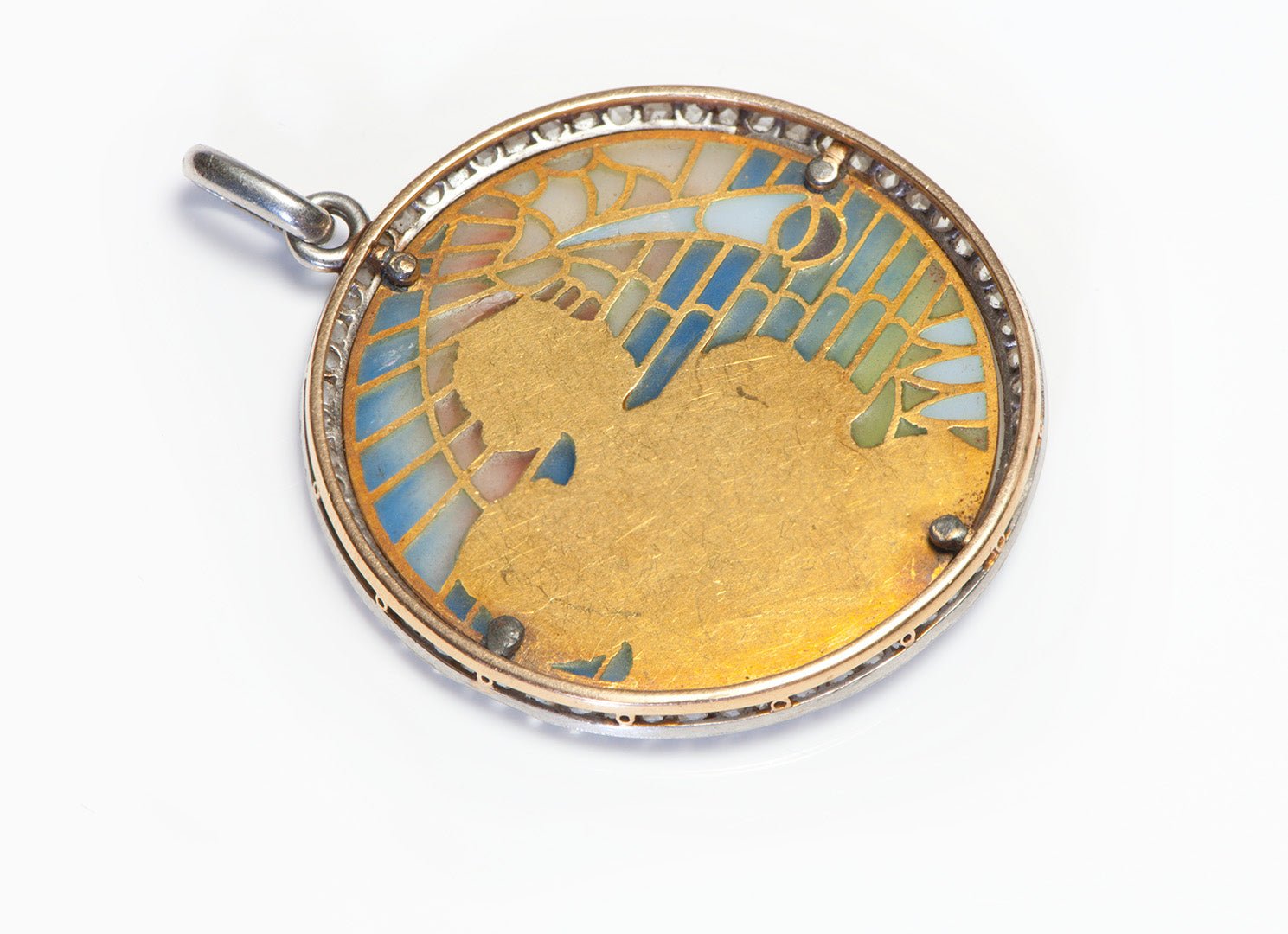 Art Nouveau Gold Platinum Plique a Jour Diamond Pendant