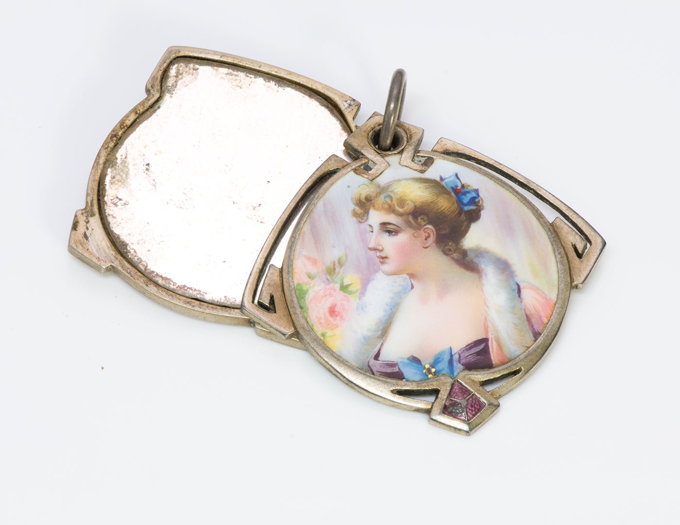Art Nouveau Lady Enamel Mirror Locket Pendant