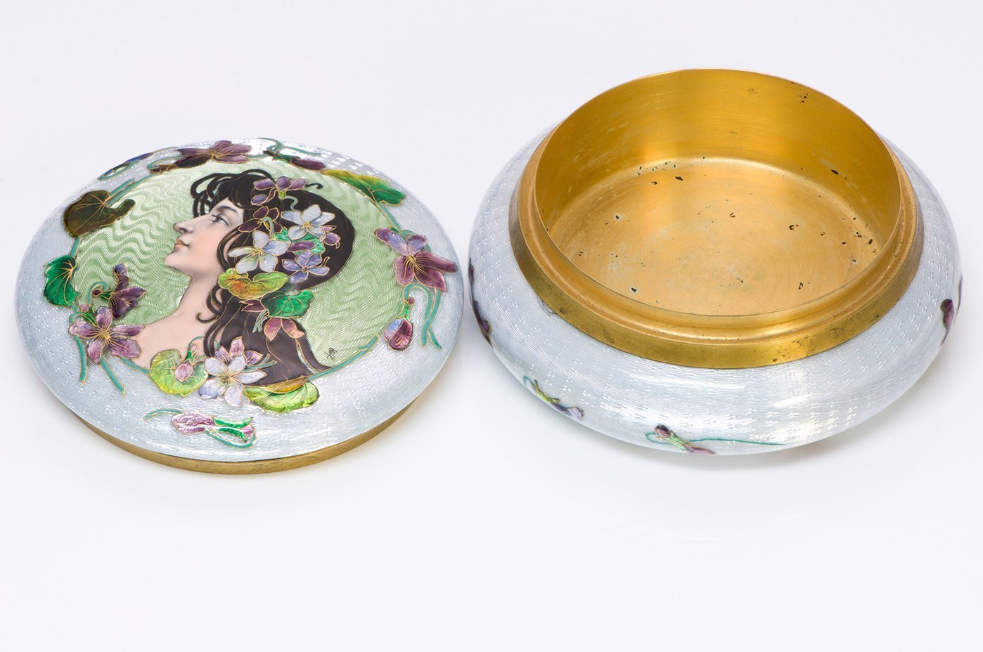 Art Nouveau Lady Guilloche Enamel Round Powder Box
