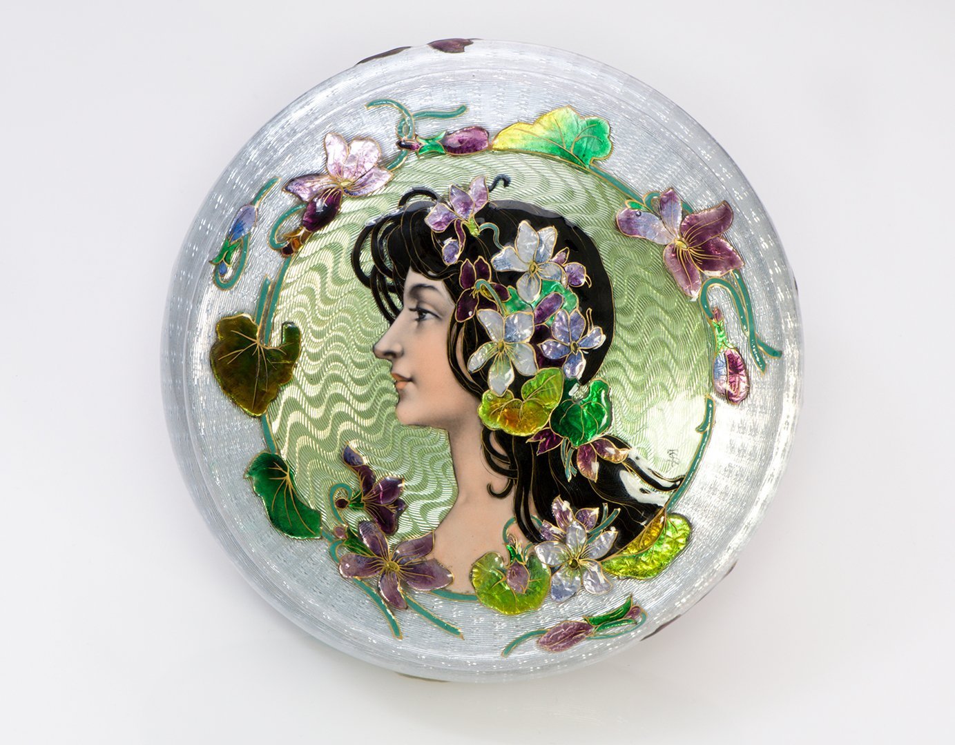 Art Nouveau Lady Guilloche Enamel Round Powder Box