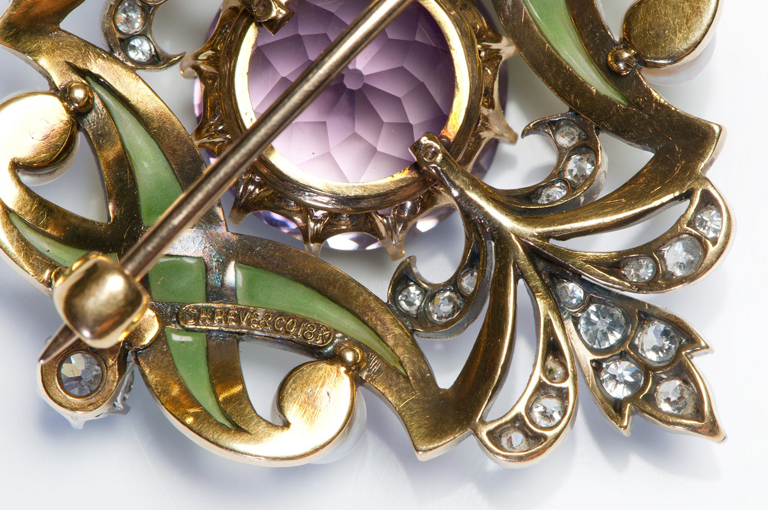 Art Nouveau Shreve & Co. 18K Gold Plique a Jour Amethyst Diamond Pearl Brooch
