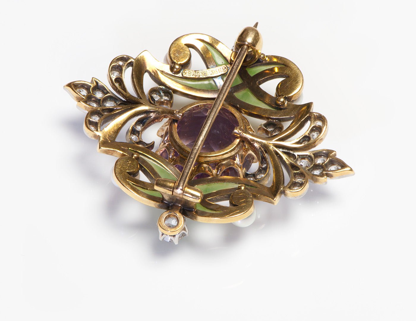 Art Nouveau Shreve & Co. 18K Gold Plique a Jour Amethyst Diamond Pearl Brooch