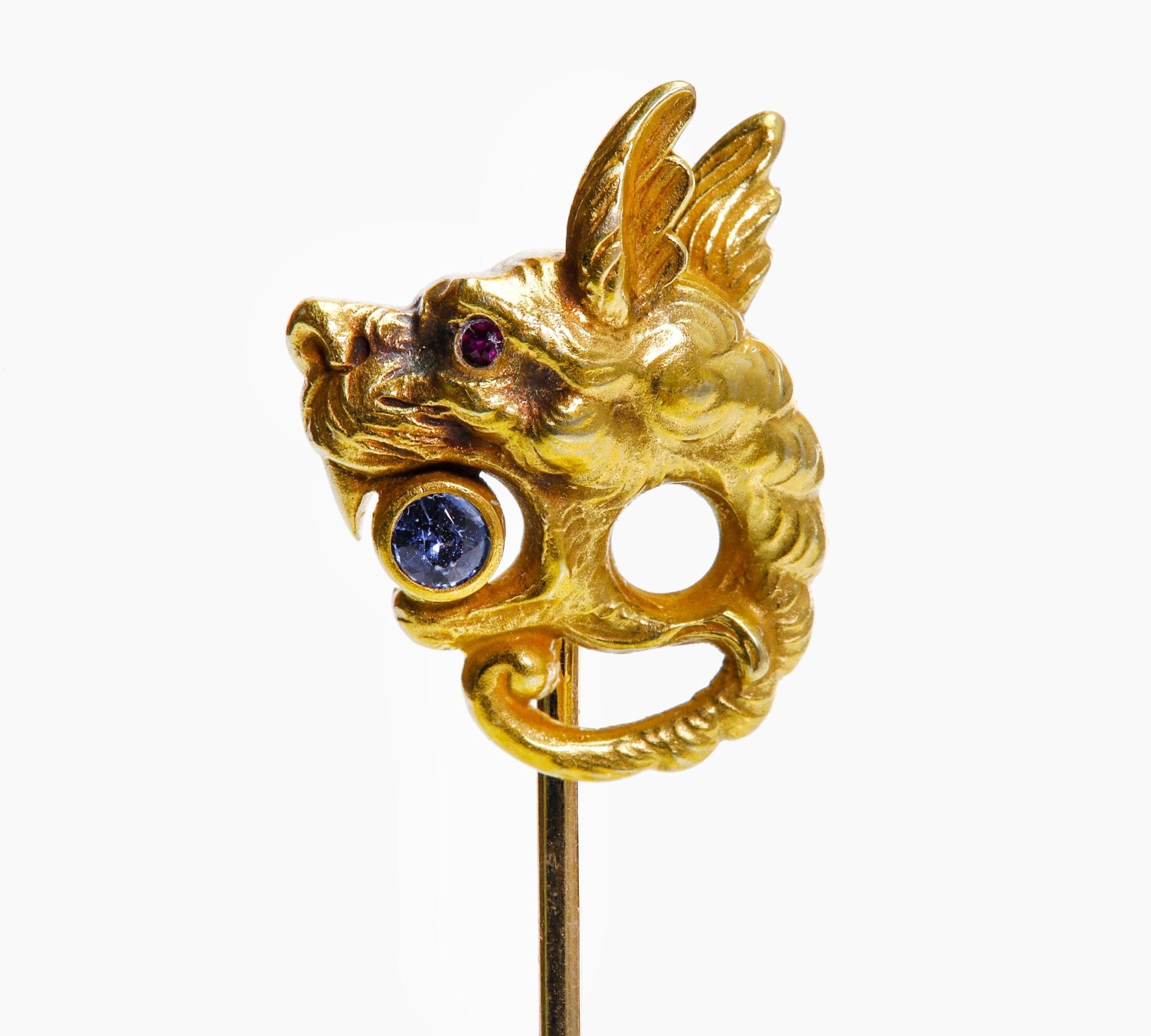Art Nouveau Yellow Gold Sapphire Ruby Griffin Stick Pin