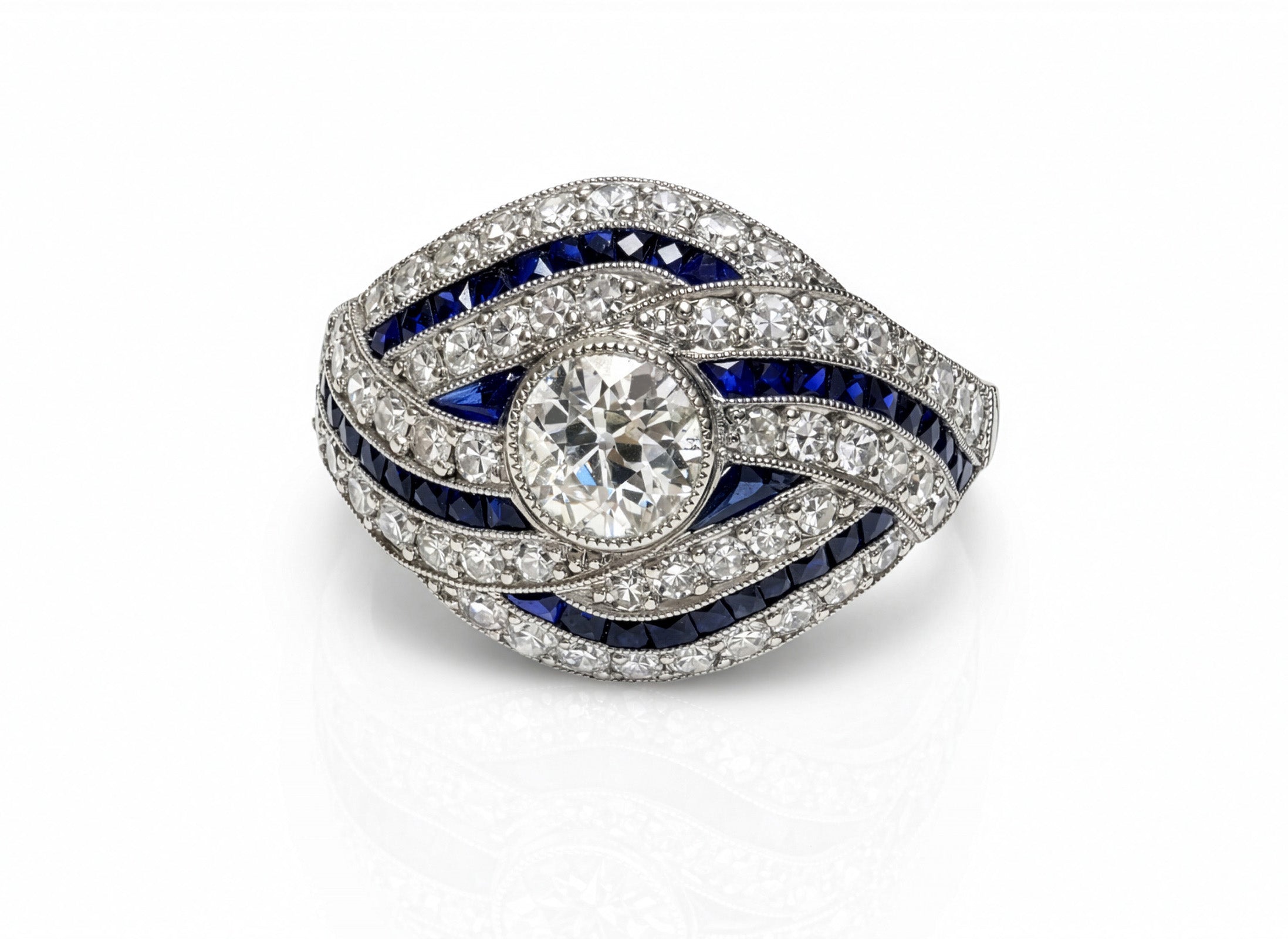 Vintage Platinum Ring Diamond Calibre-Cut Sapphires