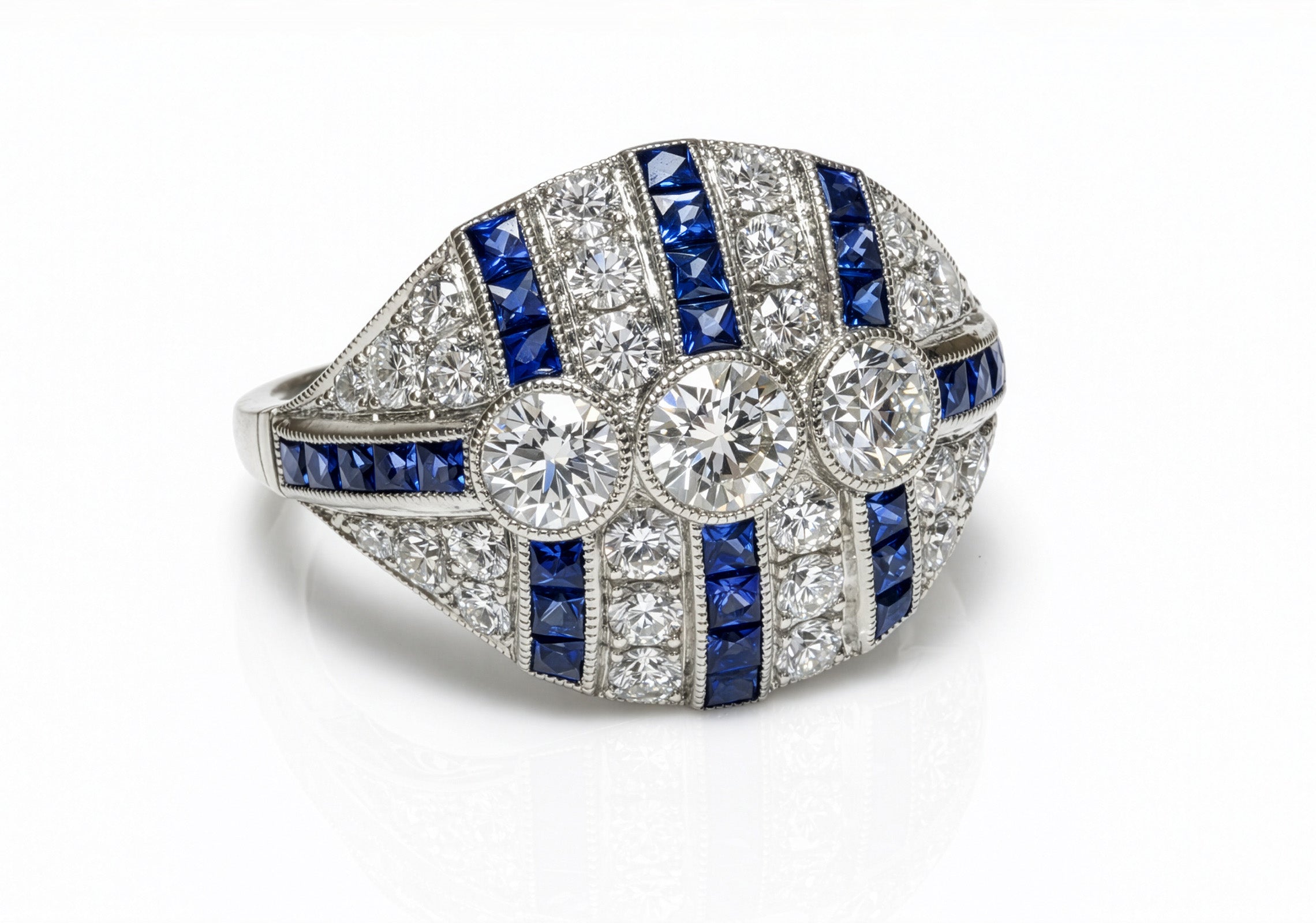 Art Deco Diamond Platinum Ring French-Cut Sapphires